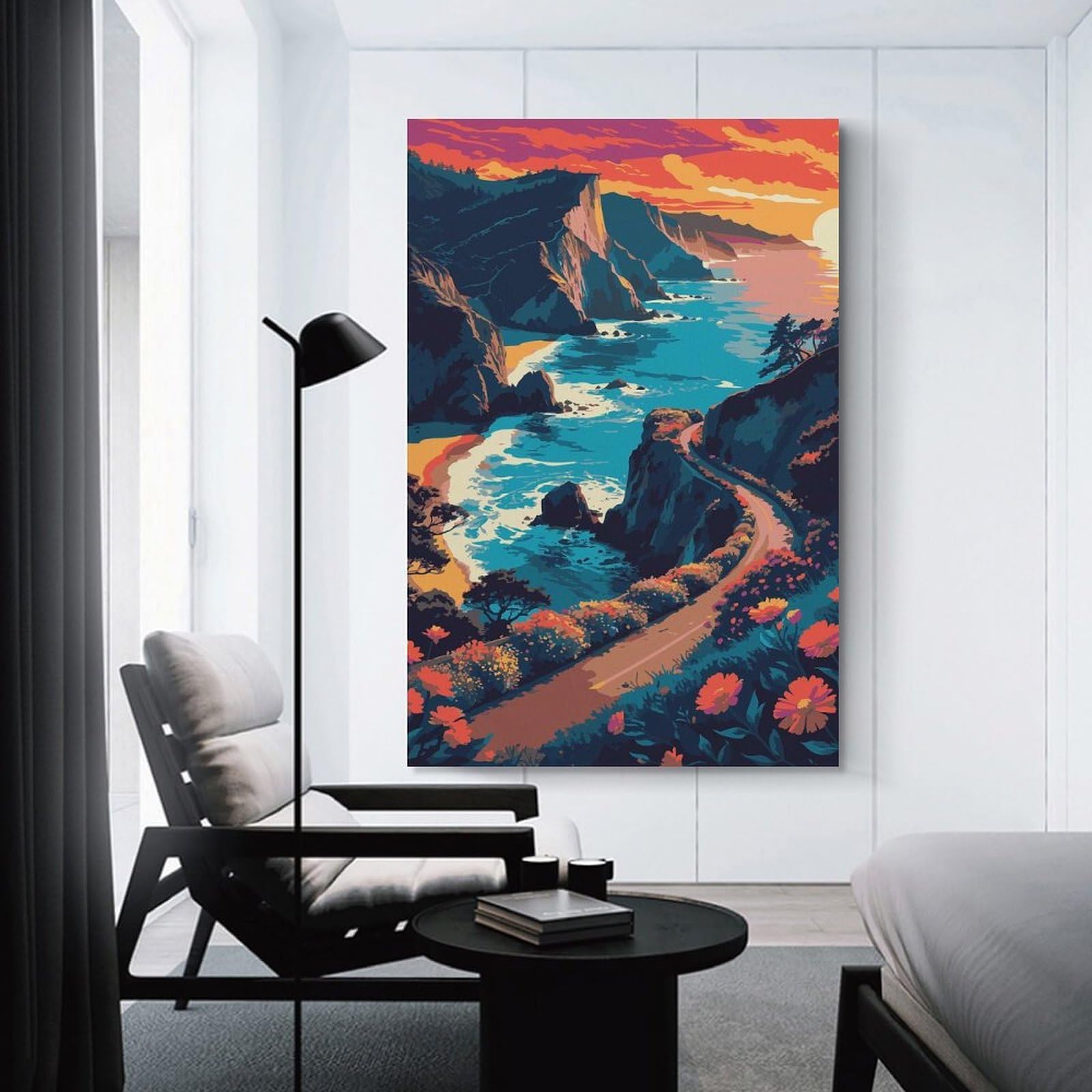 Junmoney Coastal Road at Sunset Hanging Wall Art 20x30inch(50x75cm), for Small Homes, Bedrooms Or Open Spaces, Decorative Canvas Decor for Home Updates