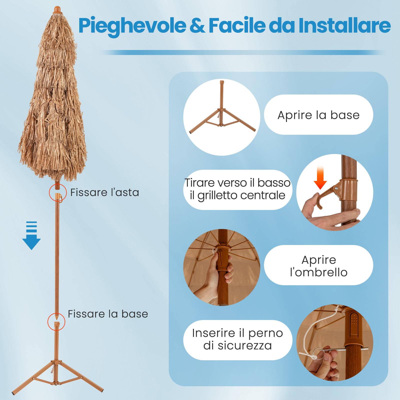 GYMAX Ombrellone Paglia PE 2,7 M, a 9 Strati, Inclinazione a 35°, Doppio Top, Struttura Stabile in Metallo e Antivento, Adatto Spiaggia, Giardino, Terrazza, Hawaiano