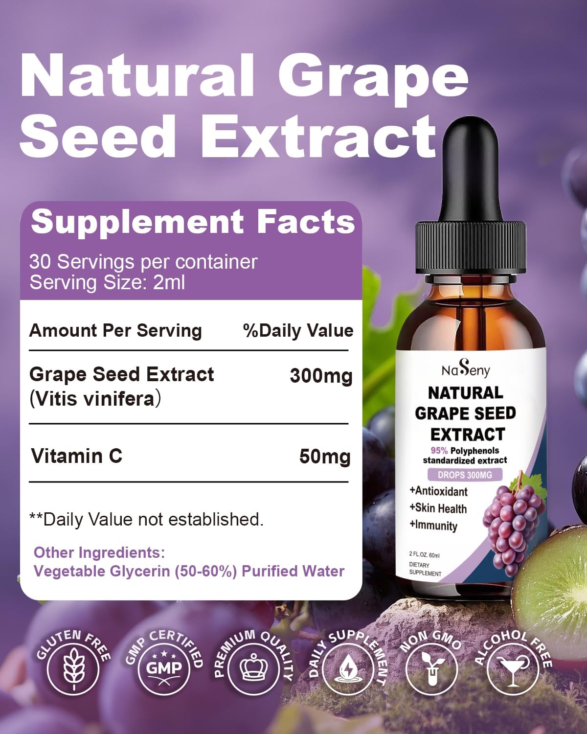 Natural Grape Seed Extract Drops-300 mg Grape Seed Extract Liquid Supplement - Maximum Strength Vitis Vinifera Seed Tincture, Standardized to 95% Polyphenols, Non-GMO, Gluten Free (60ml) - Image 7