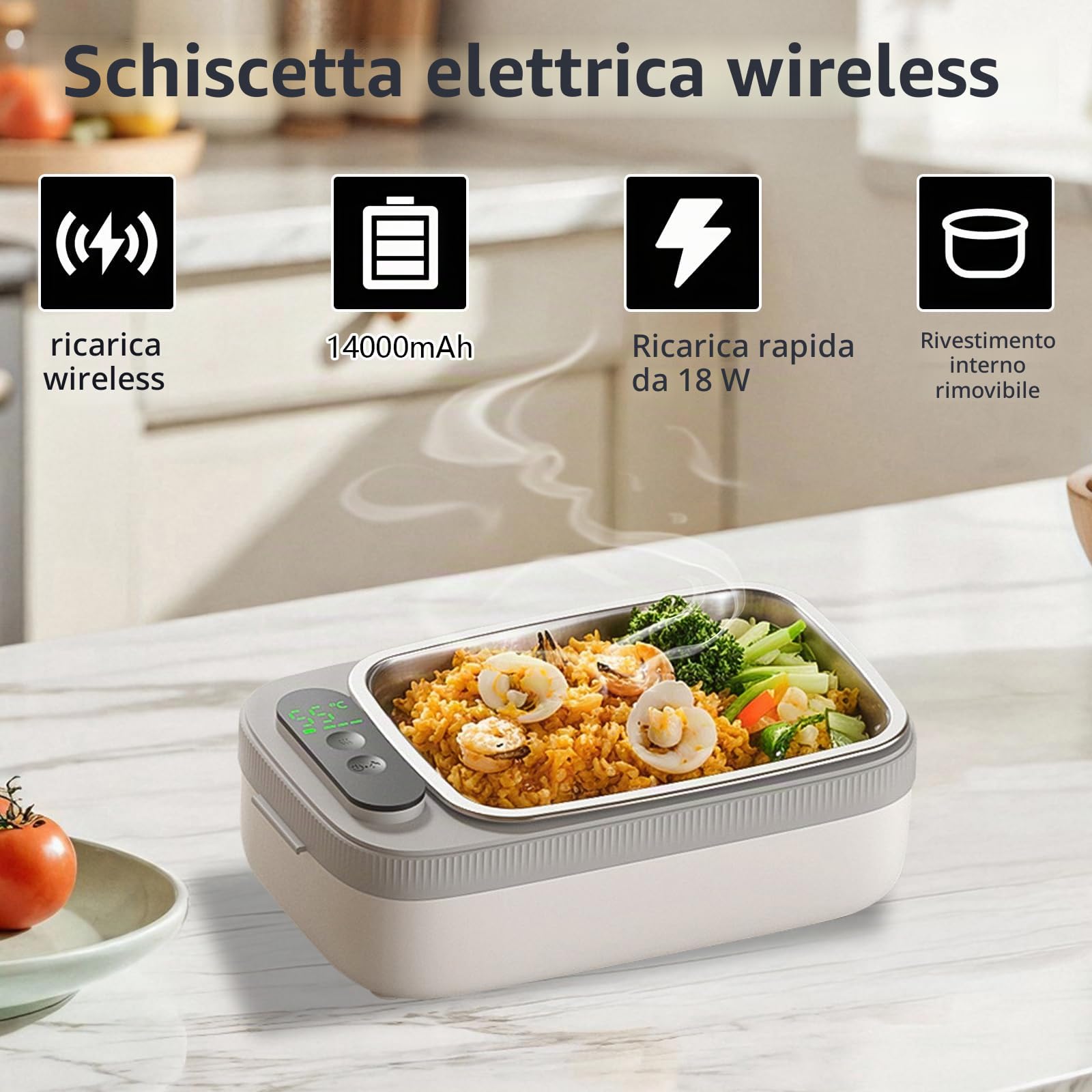 Scaldavivande Elettrico Portatile, 1L Scatola da Pranzo Riscaldata a Batteria per Adulti Portatile in Acciaio Lunch Box Portavivande Termico con Display Temperatura per Auto Camion Uffici