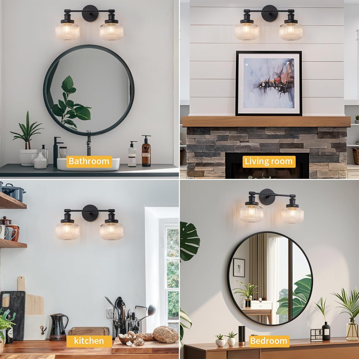 2-Lights Bathroom Light Fixtures, Black Vanity Light, Industrial Bathroom Light Fixture Over Mirror with Clear Striped Globe Shade, Bathroom Light for Bedroom, Living Room, Farmhouse, Stairs (Black)