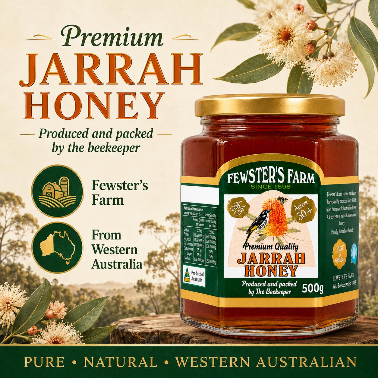 Fewster's Farm TA 30+ Jarrah Honig 500 g – Jarrah-Honig ist Nektar, der von Bienen aus den Blüten des Jarrah-Baums gesammelt wird.