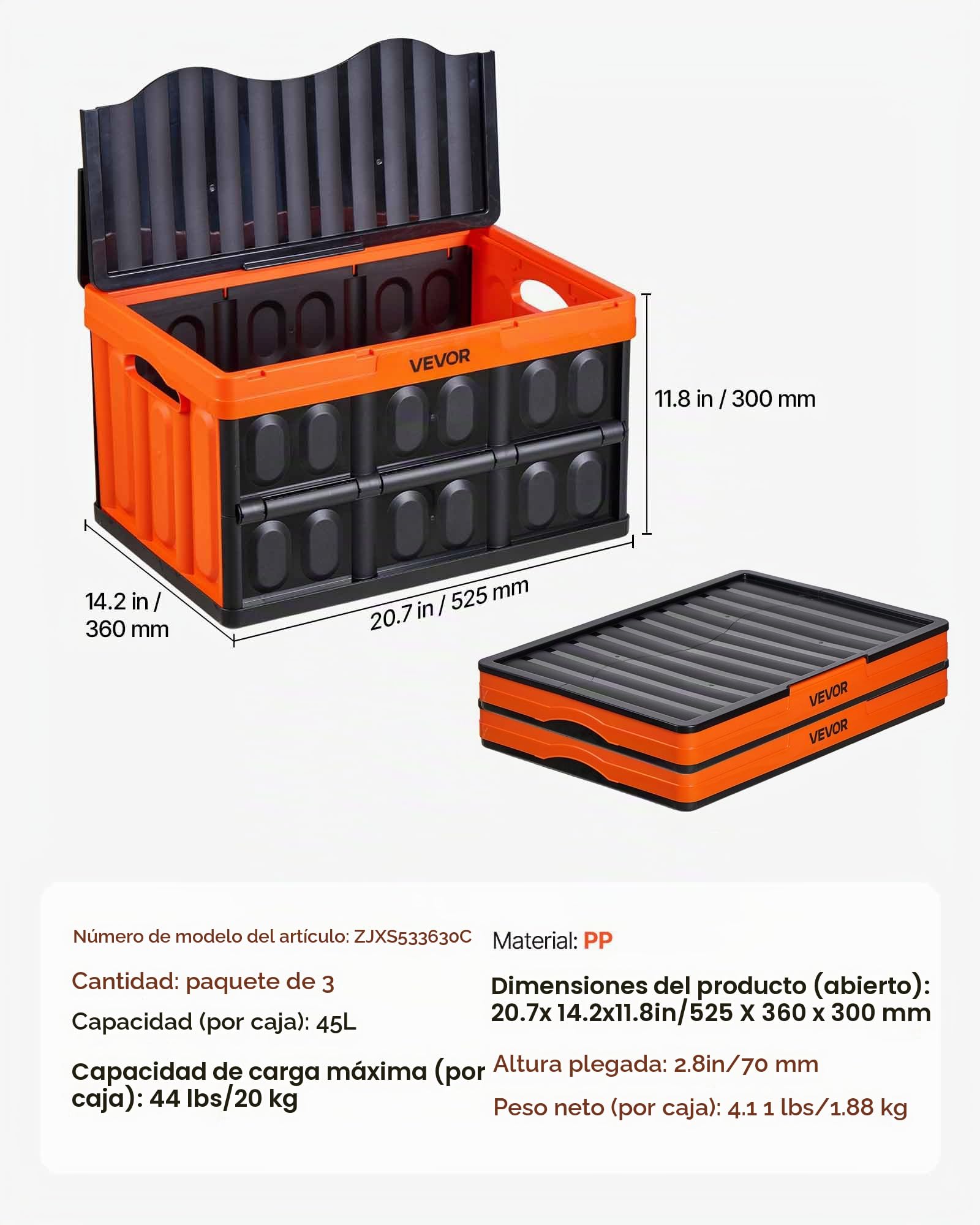 VEVOR Cajas de Almacenaje Plegables de Plástico 45 L, 3 Unidades, Contenedores de Almacenaje con Asas, Tapa Apilable, Soporta 20 kg, Ahorra Espacio para Coche Camping Organización Hogar, Naranja Negro