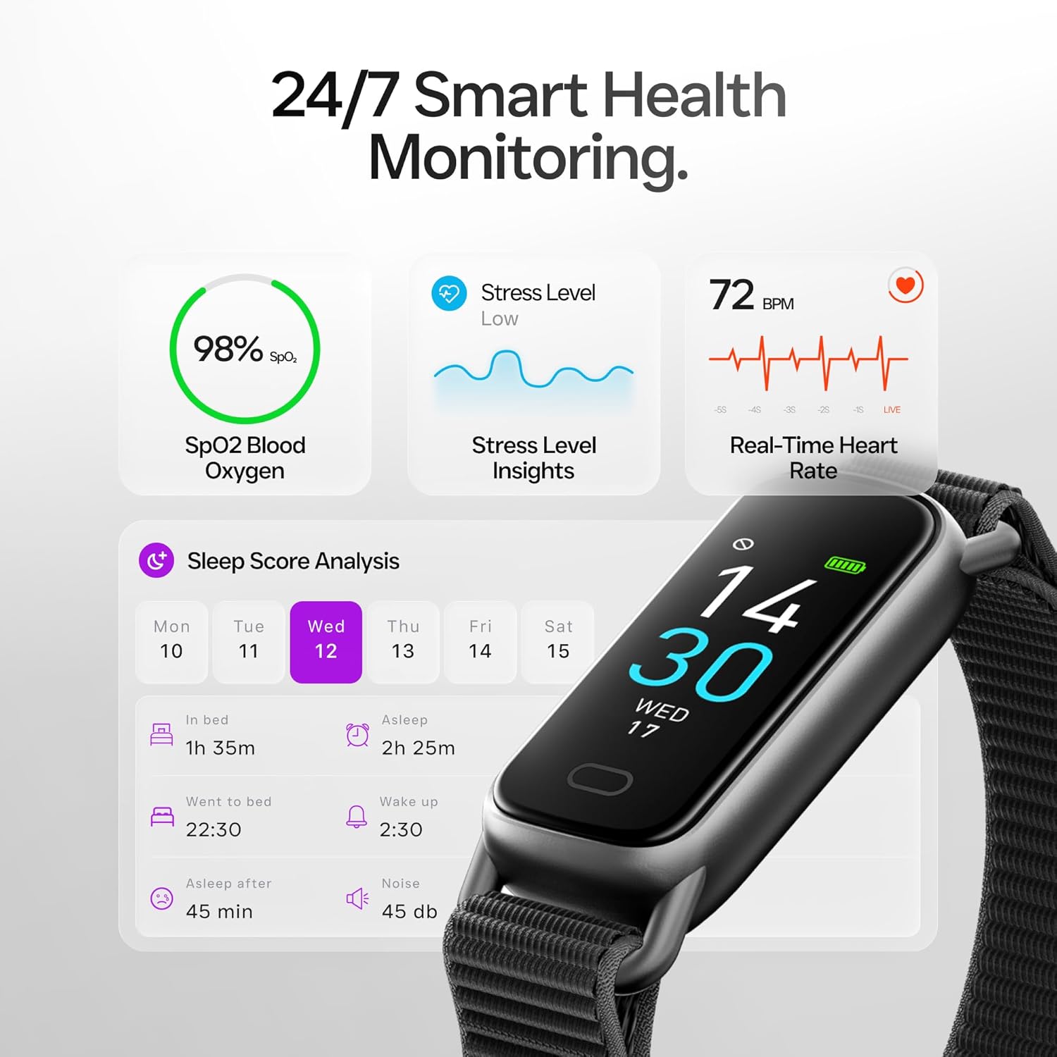 BAREZ Lightweight Fitness Tracker with App Control, AI Sleep Insights, Heart Rate Tracking, Blood Oxygen (SpO2) Tracking, 16 Sport Modes, IP68 Waterproof for Men & Women (Black)