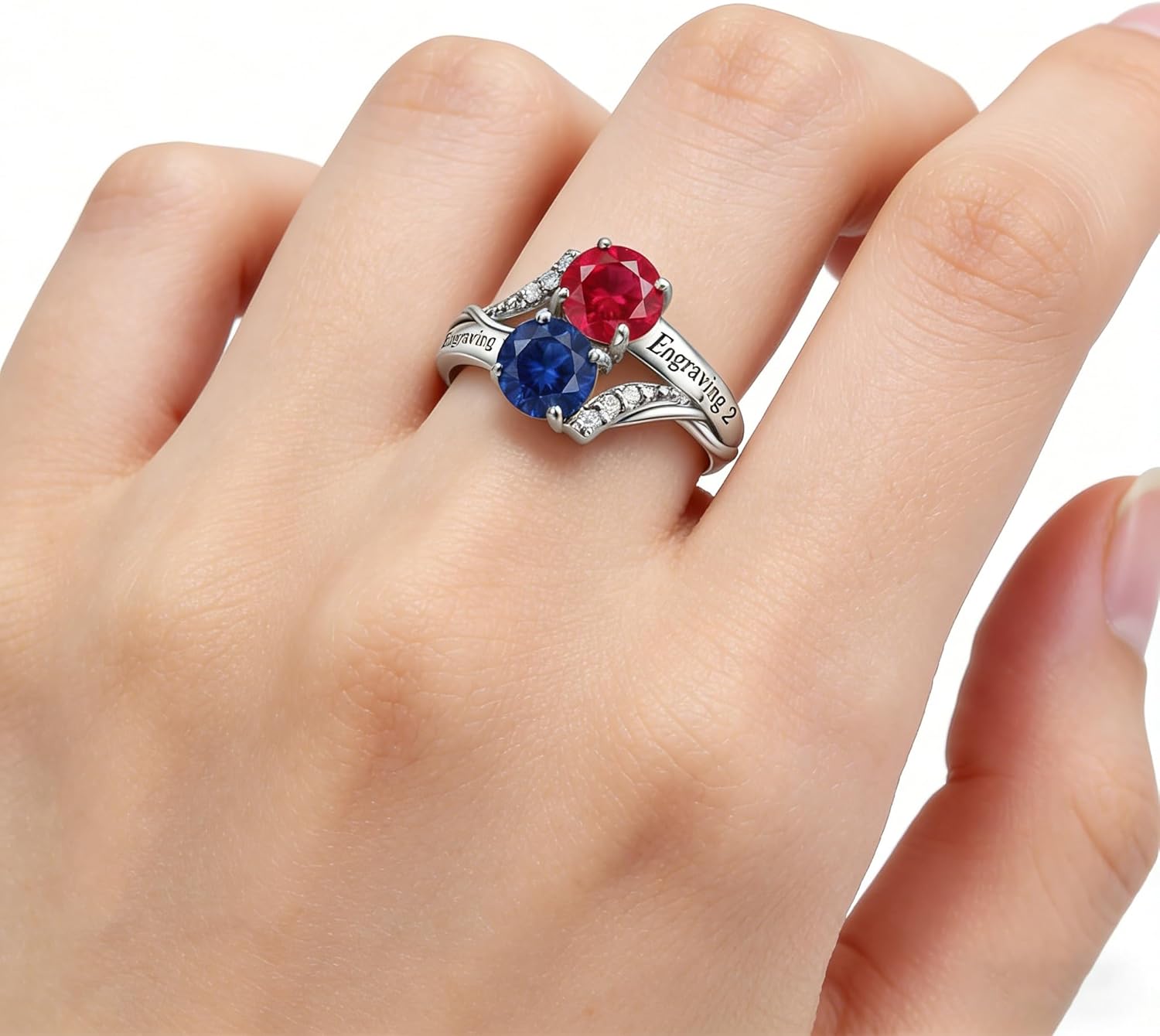 10K 14K 18K Gold Personalized Rings for Women, Custom 2 Gemstone/Birthstones Engraved Ring Jewelry Gift for Valentines Day Anniversary Mother's Day Christmas Birthday