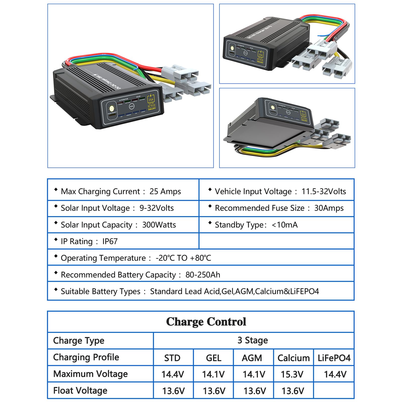 FTVOGUE Cargador de Batería CC a CC 25A MPPT Entrada Dual Solar | Aleación de aluminio, entrada solar MPPT, uso marino RV, compatibilidad Gel AGM LFP, resistencia al agua IP68, control de 3