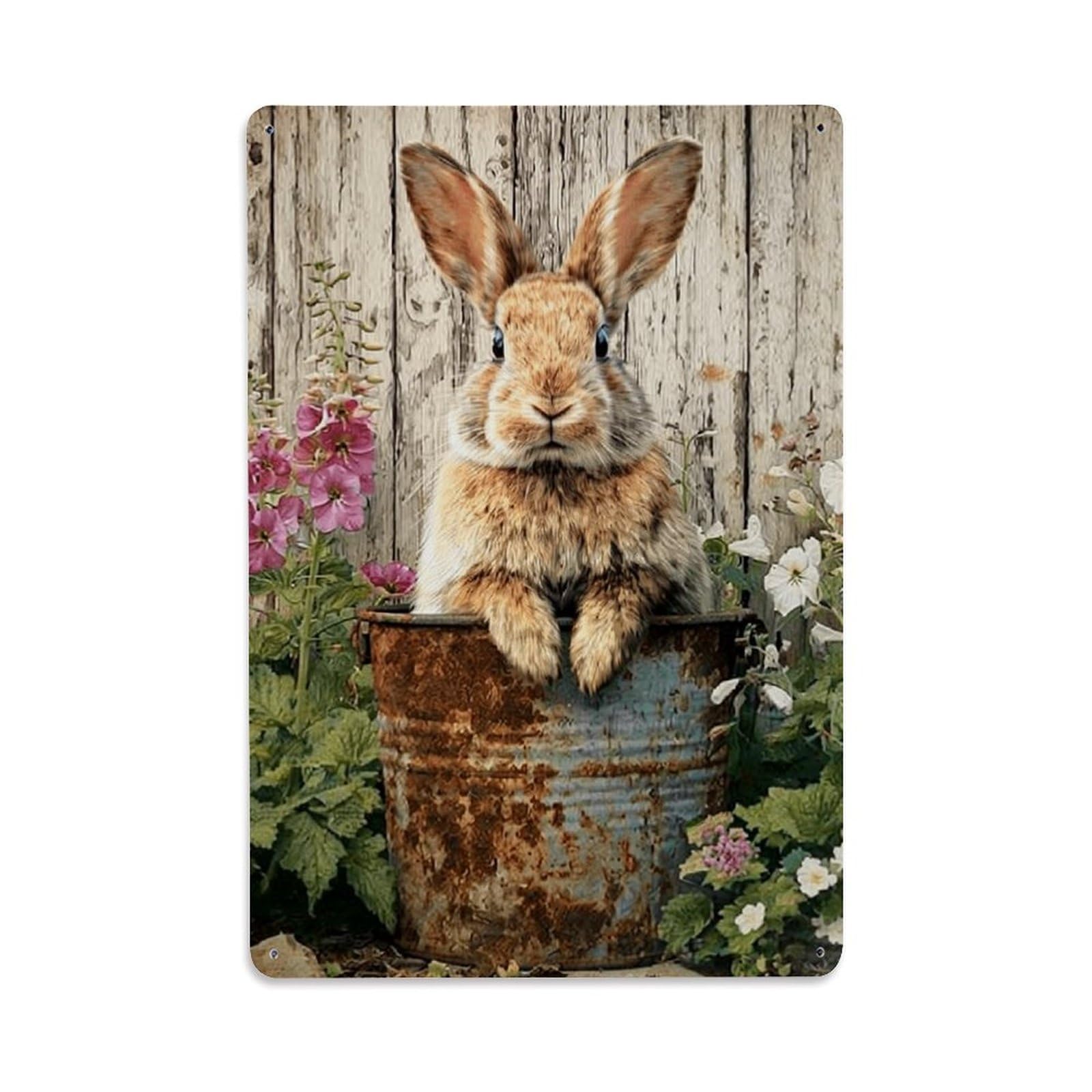 Jdfenggu Vintage Rabbit In Rusty Bucket Garden Retro Metal Tin Sign, Decor Art Poster For Bar, Home, Man Cave, Kitchen, Laundry Room Gift 8X12inch