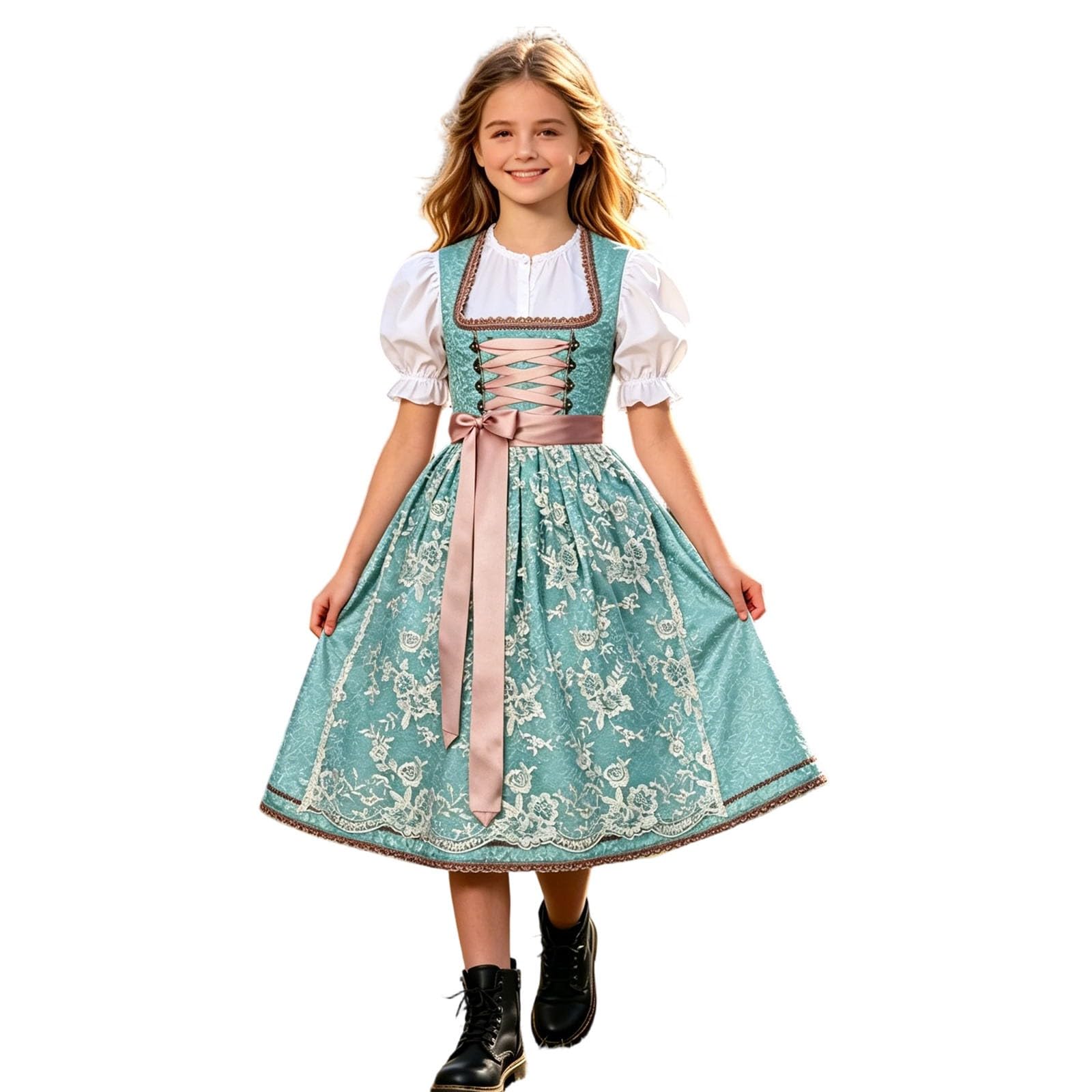 Oktoberfest dziecięcy strój Dirndl, dla dziewcząt, żółty, z bluzką i koronkowym fartuchem, 3-częściowy, moda ludowa, średniowieczna, zestaw ubrań ludowych, sukienka w kwiaty, sukienka dla dziewcząt