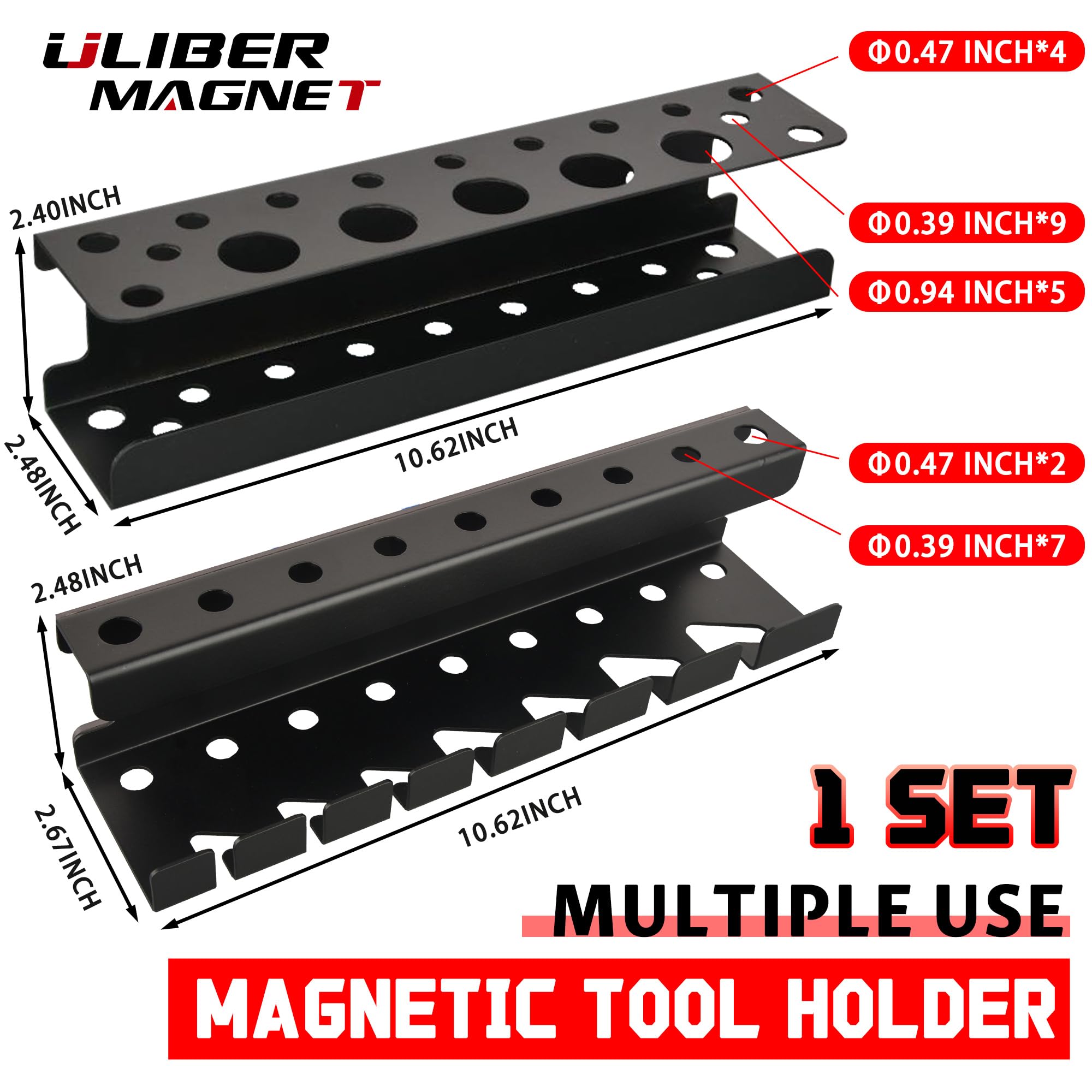 ULIBERMAGNET Magnetyczny uchwyt na śrubokręt, magnetyczny uchwyt na klucz, wytrzymały czarny metalowy organizer do przechowywania narzędzi, zestaw 2 magnetycznych uchwytów narzędziowych do garażu