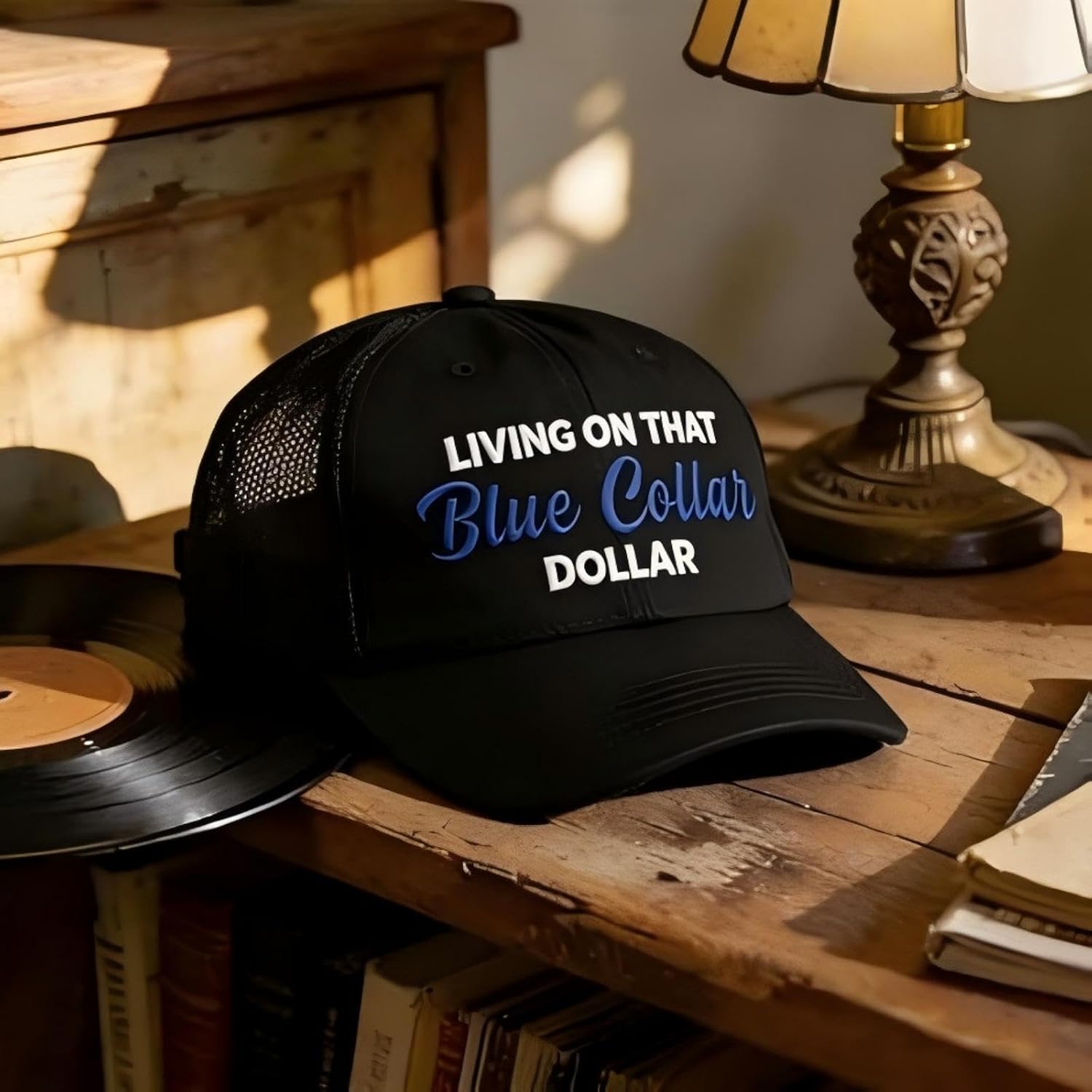 Living on that Blue Collar Dollar Hat- Funny Blue Collar Dollar Trucker Hat Adjustable Breathable Mesh Baseball Cap for Men