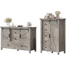 AMERLIFE 2PCS Farmhouse Dresser Set with Sliding Barn Doors, Bedroom Sets Include 47 Dresser with 4 Drawers, 5-Drawer Tall Dresser, Light Rustic Oak