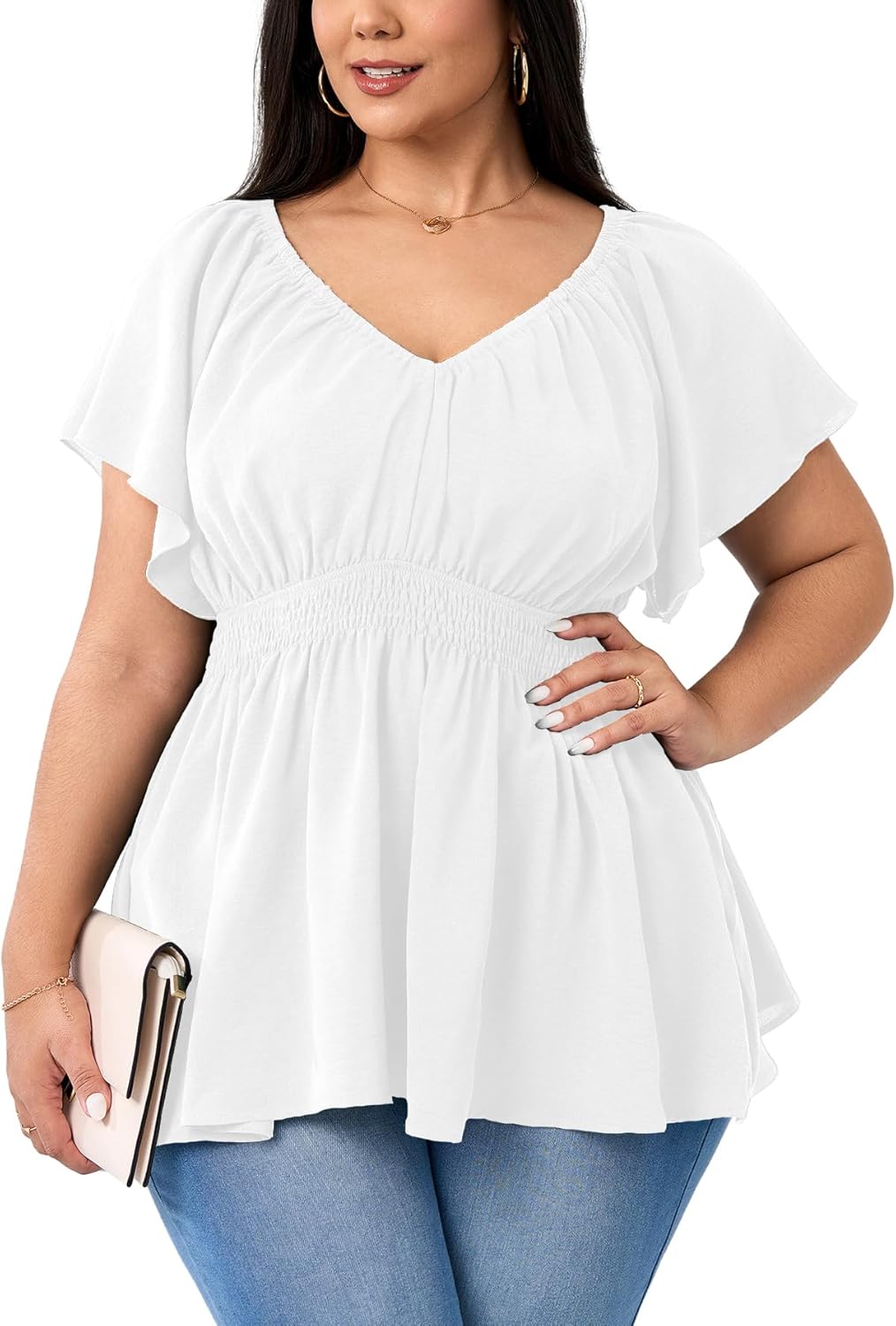 Womens Plus Size Tops V Neck Short Sleeve Blouse Babydoll Ruffle Peplum Smocked Dressy Casual Summer Top