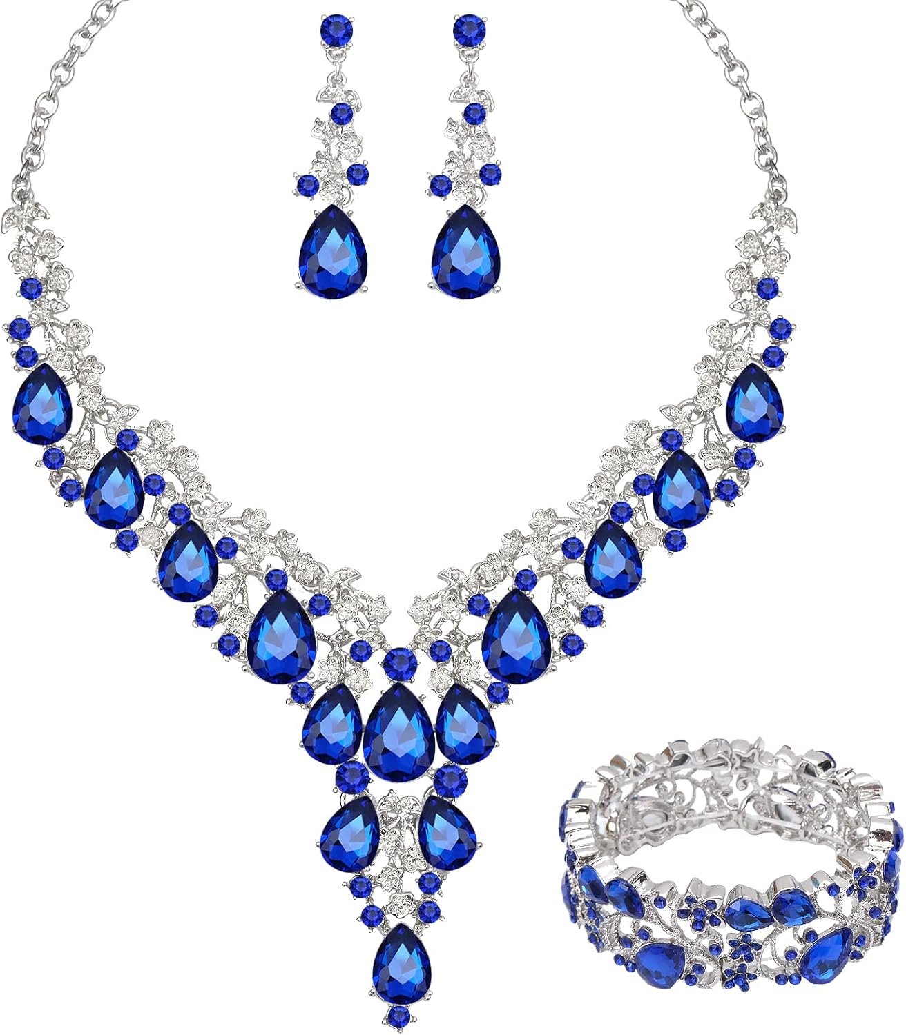 CSY Elegant Crystal Costume Jewelry Sets Flower Bridal Necklace Earrings Stretch Bangle Set for Bride Bridesmaid Wedding Dress Accessories