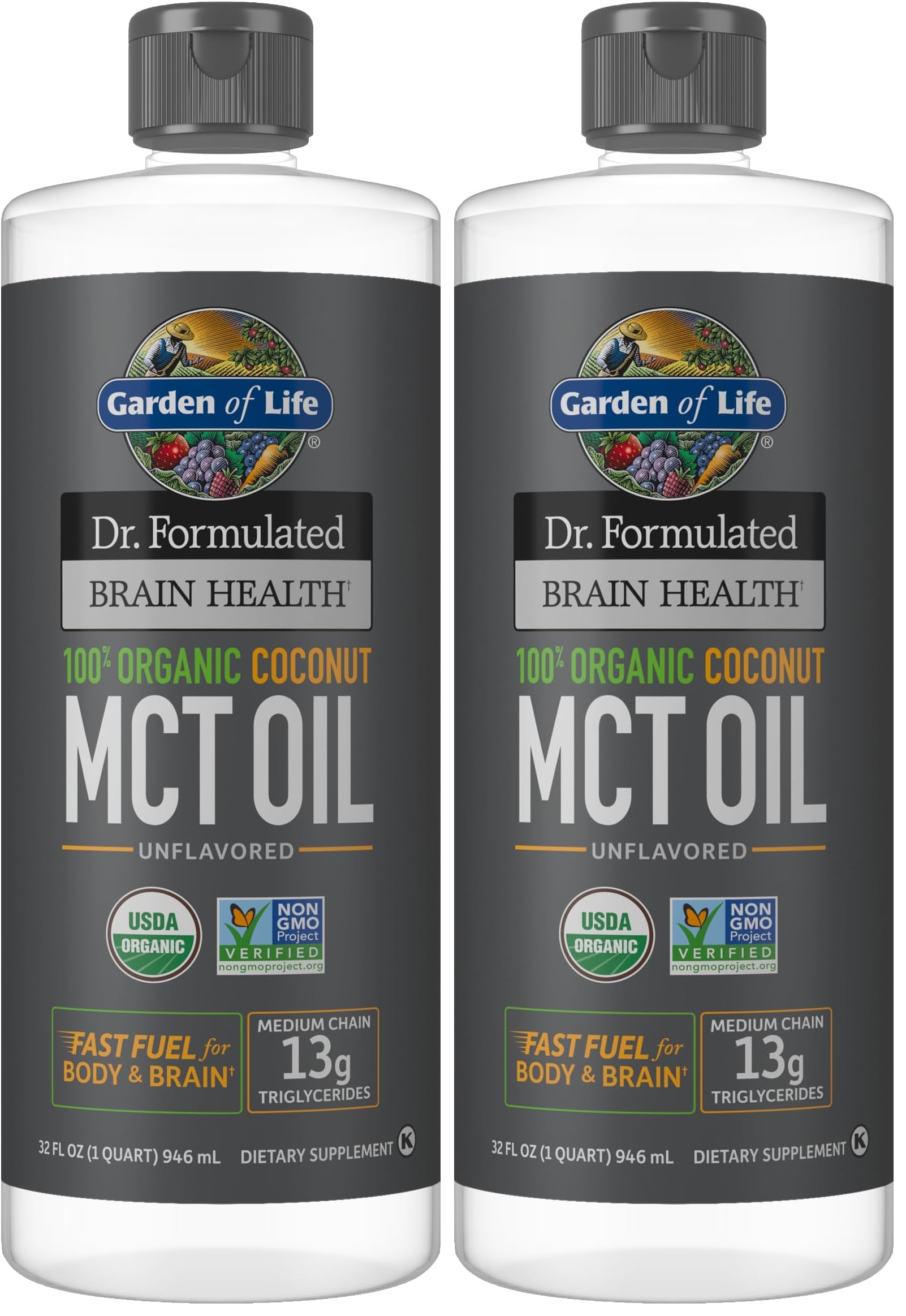 Garden of Life Dr. Formulated Brain Health 100% Organic Coconut MCT Oil 32 fl oz Unflavored,13g MCTs,Body & Brain Fuel,Certified Non-GMO Vegan & Gluten Free,Hexane-Free,(Pack of 2) 32 Fl Oz (Pack of 2)