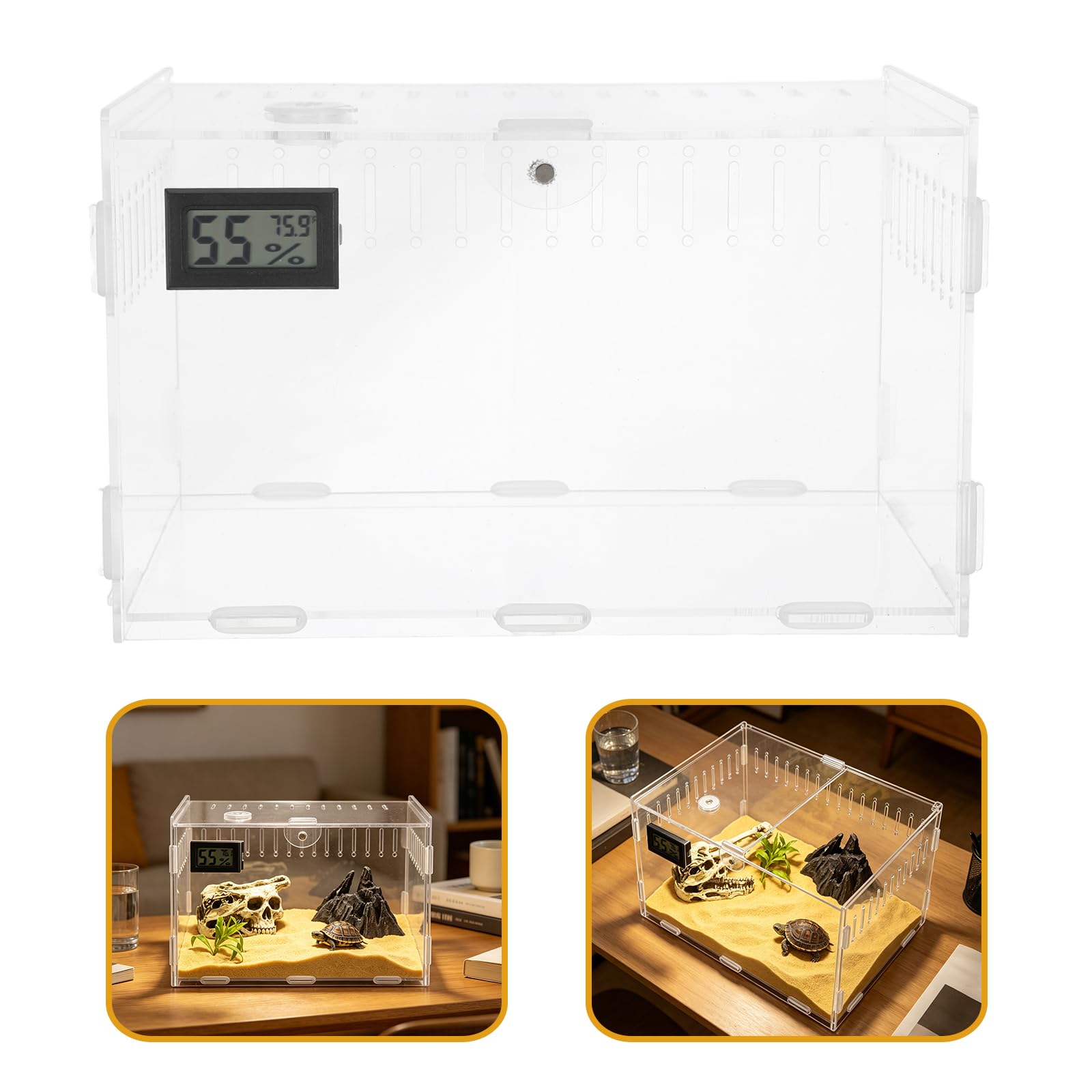 YARNOW Terrario Acrilico per Rettili con Termometro e Igrometro Digitale | Struttura Trasparente 360°, Rete di Ventilazione Ampia, Fondo Rimovibile, 9, 8x5, 9x5, 9 Pollici