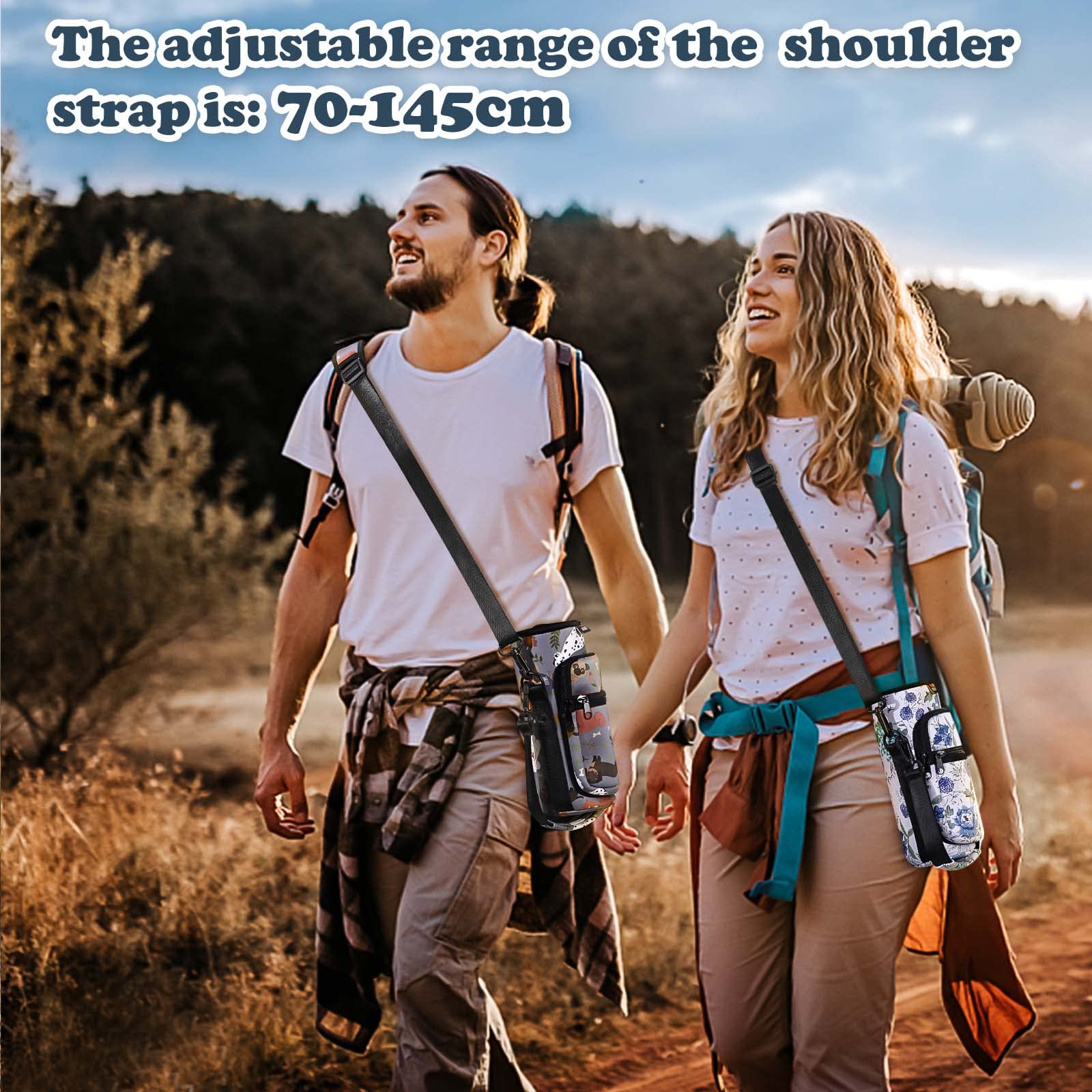 Nuovoware Water Bottle Carrier Bag, 25oz/32oz Bottle Pouch Holder, Adjustable Shoulder Hand Strap 2 Pocket Sling Neoprene Sleeve Sports Accessories for Hiking Travelling Camp, Gray Puppy