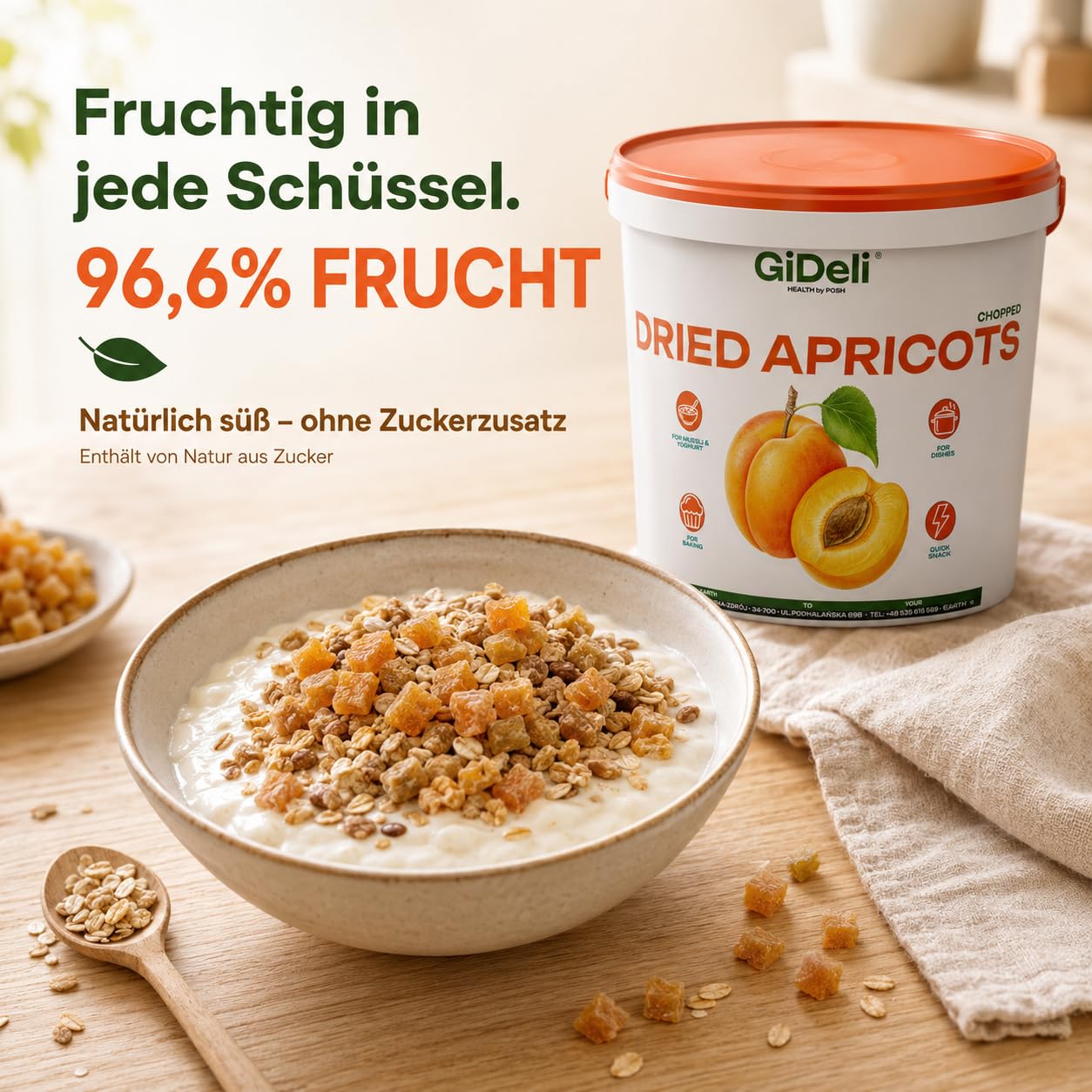 GiDeli Getrocknete Aprikosen 5Kg Gewürfelt Im Eimer Ohne Zuckerzusatz | hoher Fruchtanteil, klebt nicht dank Reismehl, direkt einsatzbereit, ideal für Müsli, Joghurt und zum Backen