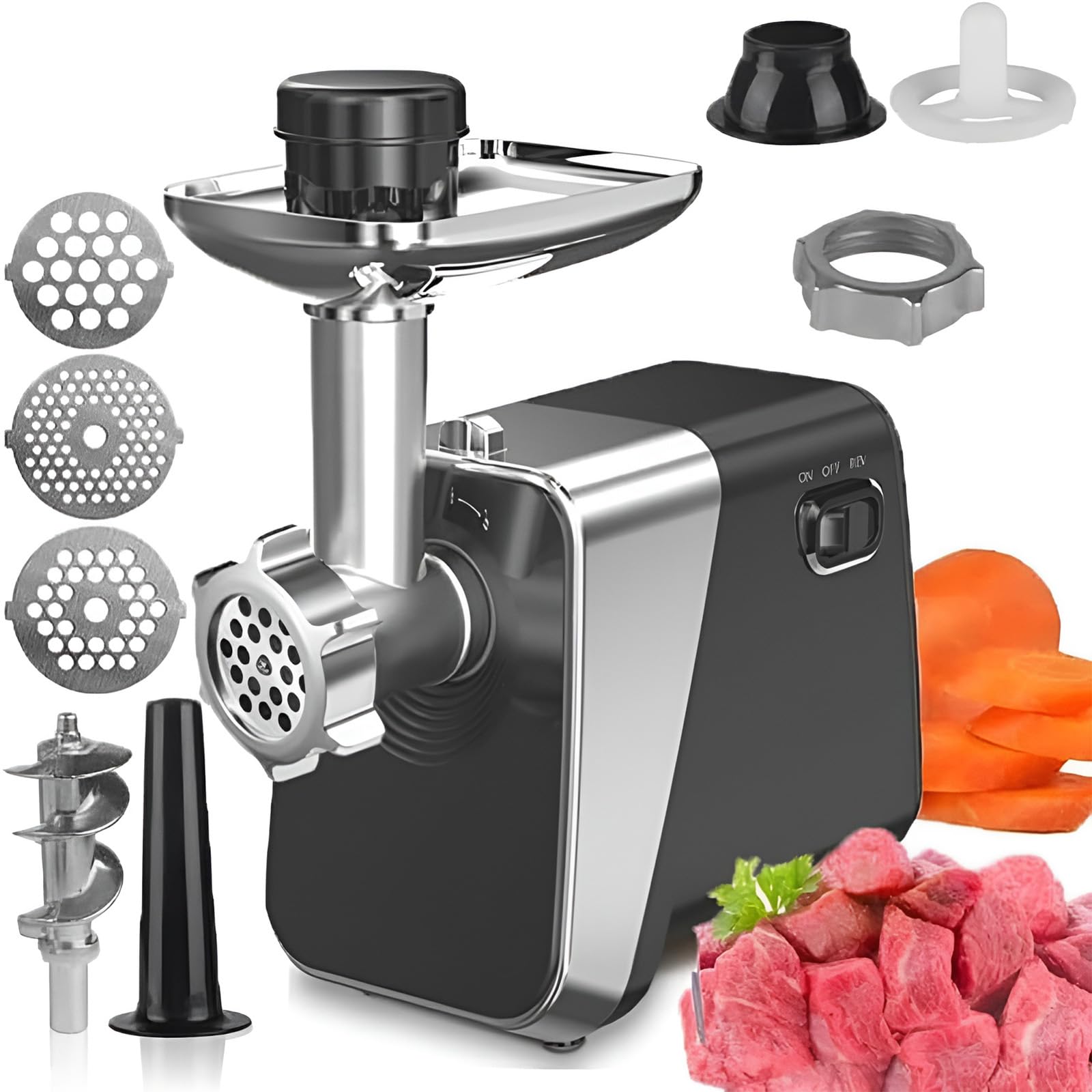 Hachoir à viande électrique 1600 W avec 3 plaques de coupe pour volaille, viande et légumes