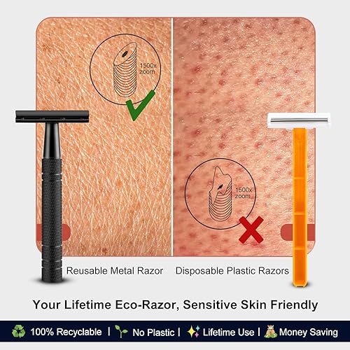 Miniatura 3 de Maquinilla de afeitar de seguridad de doble filo negro mate con soporte para hombres, maquinilla de afeitar DE de metal reutilizable con 10