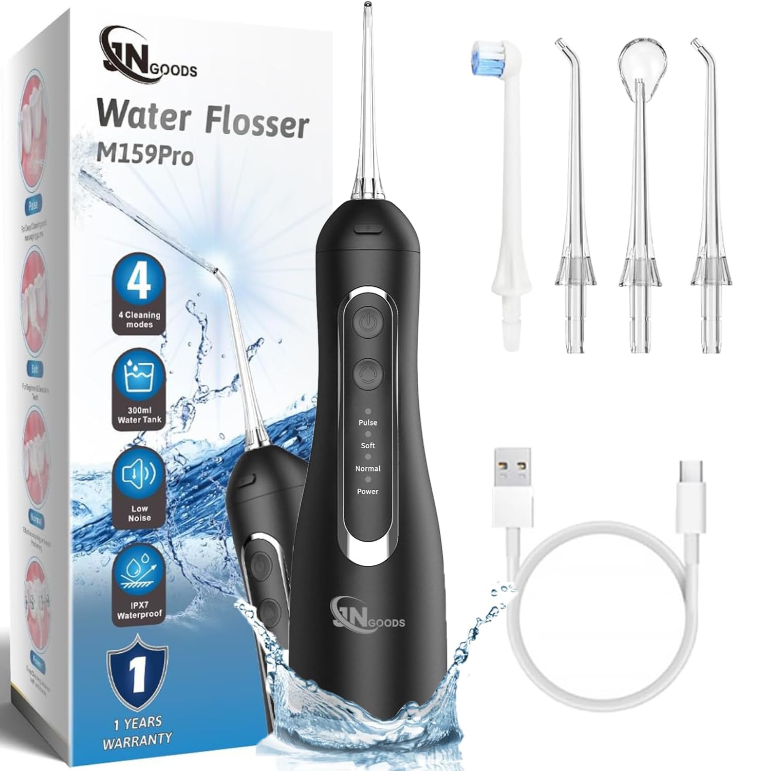 JNGOODS Cordless Water Dental Flosser Oral irrigator,JNGOODS 300ml Rechargeable Water flosser for Teeth IPX7 Waterproof 4 Modes Portable Oral