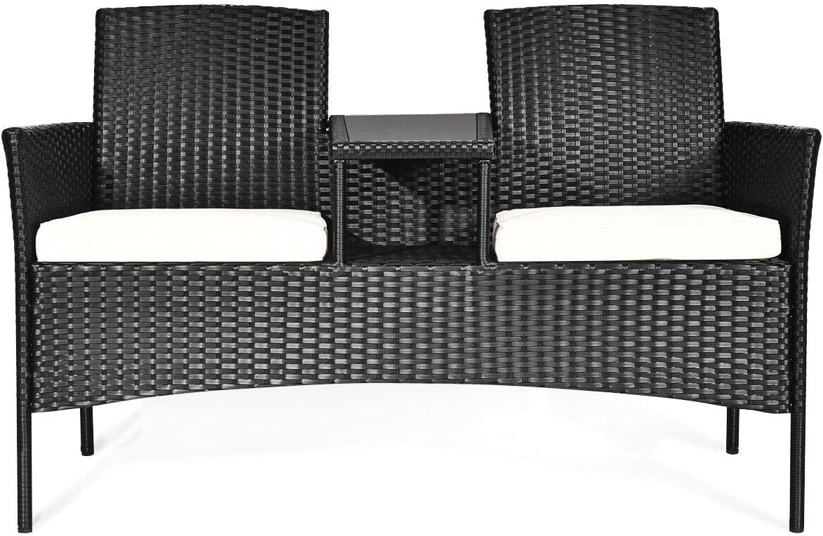RELAX4LIFE Conversation Furniture Set with Table and Two Removable Cushions Rattan Wicker Chairs and Table Set for Patio,Garden, Baloney and Lawn Outdoor Porch Furniture Sets Loveseat (Black+Beige)