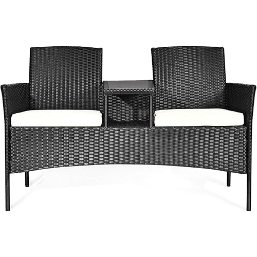 RELAX4LIFE Conversation Furniture Set with Table and Two Removable Cushions Rattan Wicker Chairs and Table Set for Patio,Garden, Baloney and Lawn Outdoor Porch Furniture Sets Loveseat (Black+Beige)