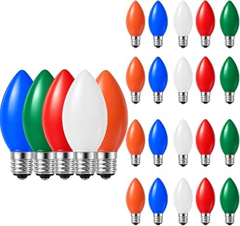 Multicolor C9 LED Replacement Bulbs, 25 Pack Color Plastic Shatterproof C9 LED Christmas Bulbs, E17 Intermediate Base, 0.6W Outdoor String Lights, Christmas, Holiday Decoration
