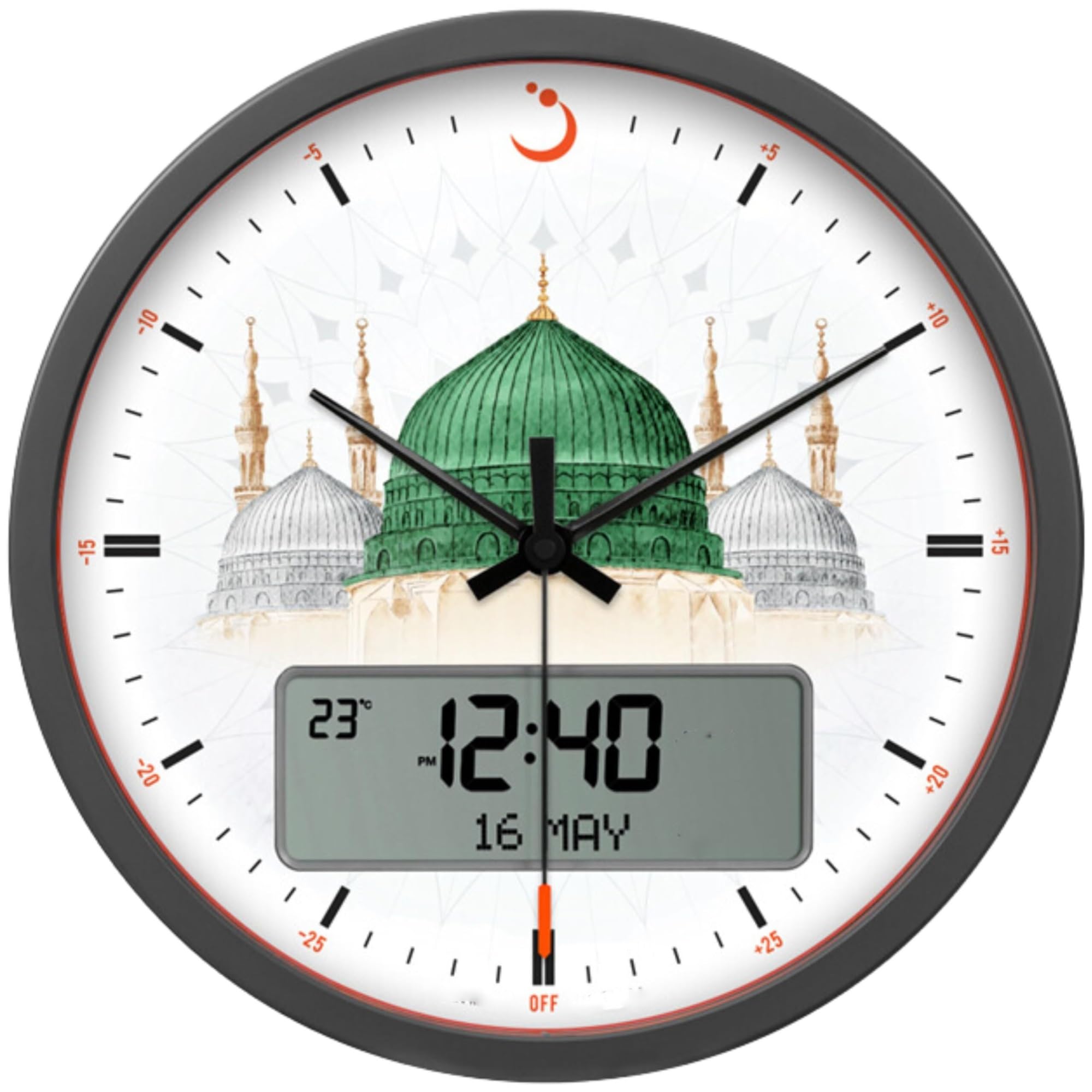 FJJRTWDG Easy to Hang Battery Operated Wall Clock, Digital and Analog Wall Prayer Clock, Features for All Prayers(Madinah)