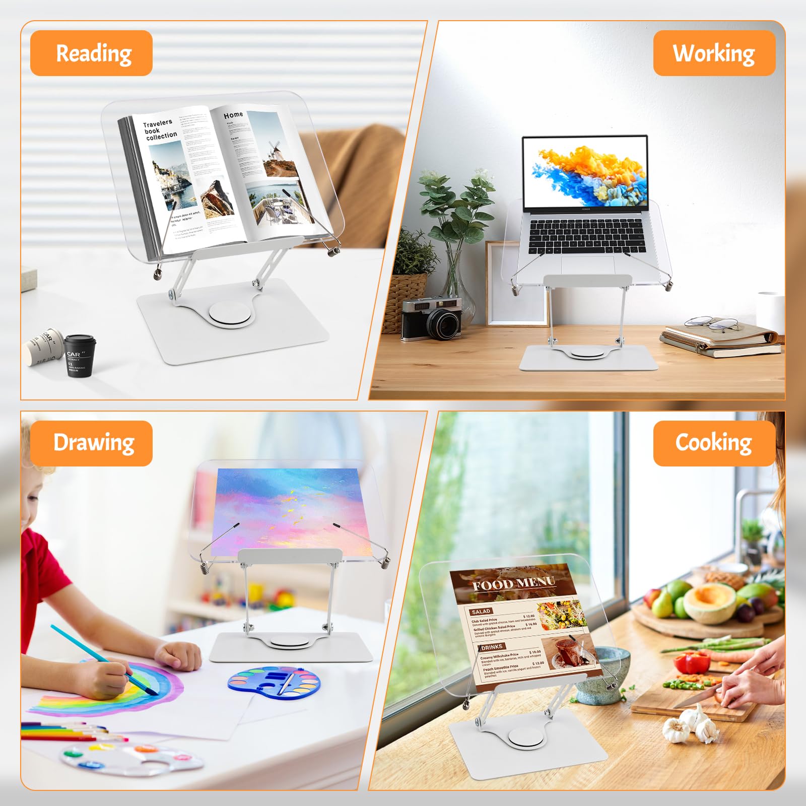 Leggio per Libri in Acrilico con Base Girevole 360° e Clip Elastiche, Regolabile 4,4-39 cm, Pieghevole Porta Libro da Scrivania