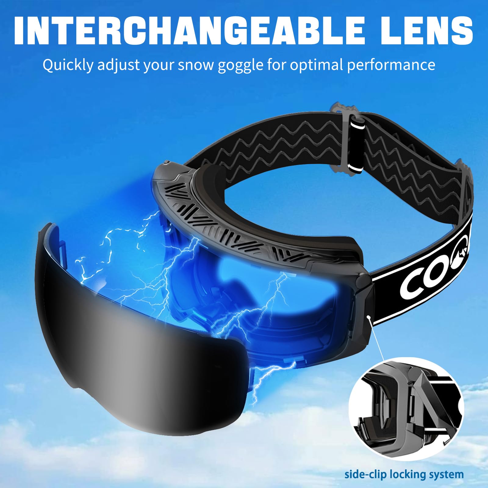 COOLOO Occhiali da neve/sci, occhiali da snowboard per uomo, donna, giovani, lenti magnetiche, senza cornice, anti appannamento, protezione UV al 100%