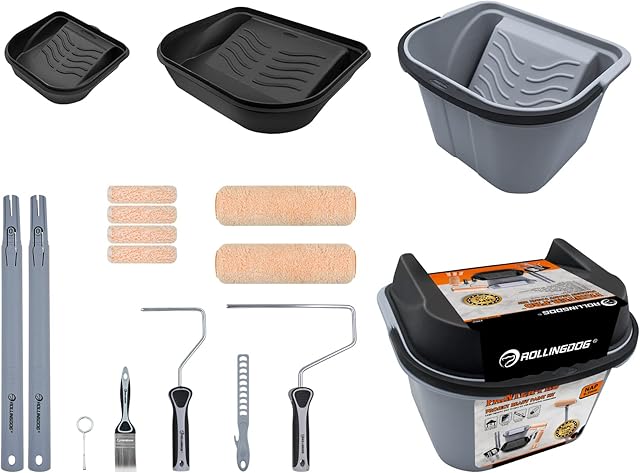 ROLLINGDOG 16PCS Paint Roller Tray Set - Extendable Paint Rollers with Tray, Brush, Mini and Large Roller Sleeves, Extension Pole,Paint Scuttle with Lid Decorating Tools for Wall, Ceiling Painting