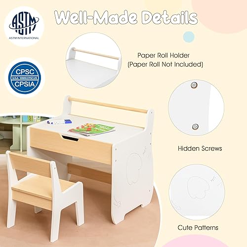 Miniatura 14 de Costzon Juego de mesa y silla para niños, mesa de arte con rollo de papel, cajón, 2 rotuladores, mesa de actividades de madera, adecuada para sala