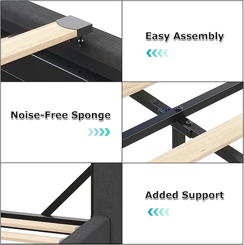 Miniatura 6 de Base de cama Queen con cabecera de almacenamiento, marco de cama de metal con luces LED y estación de carga, cama Queen tapizada con cabecera de