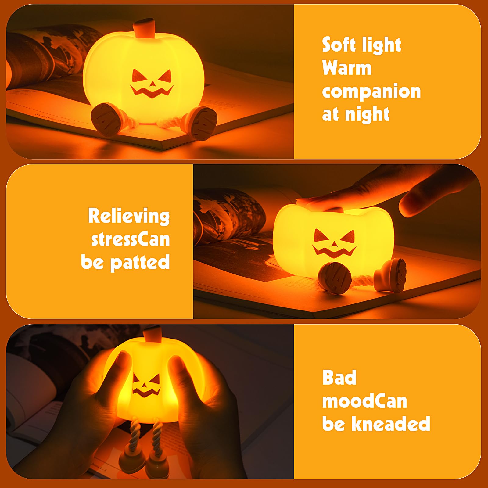Kürbis-Nachtlicht, niedliche LED-Kürbis-Lampe mit 3 Stufen, dimmbar, Kinderzimmer-Nachtlicht für Kinder, wiederaufladbar, Nachttischlampe, lustiger Büro-Schreibtisch und Halloween-Dekoration für