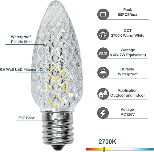 Miniatura 2 de BORT Paquete de 50 bombillas LED C9 de repuesto, bombillas LED C9 para cadena de luces de Navidad al aire libre, base intermedia E17, bombillas