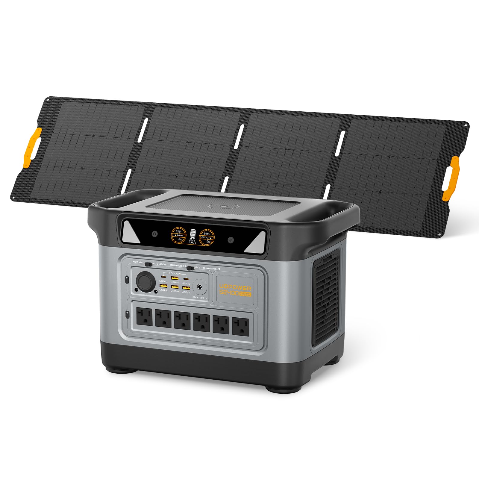 2,083Wh LiFePO4 Battery, 2,400W Output, UPS, Solar Generator for Home Backup, RVs, Camping and Emergencies UDPOWER S2400 Portable Power Station with 210W Solar Panel