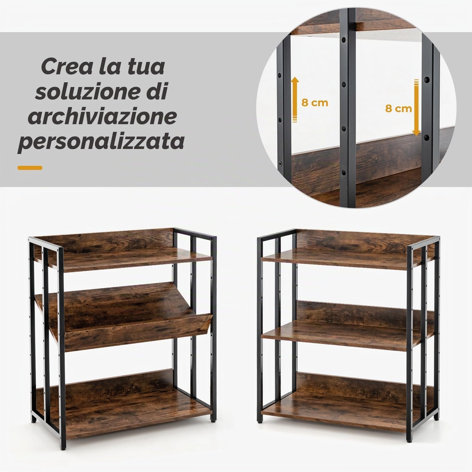 FANTASK Scaffale portaoggetti con telaio in metallo e ripiani regolabili, scaffale a 3 ripiani, libreria per studio, soggiorno e cucina, 70 x 35 x 81 cm (marrone rustico)