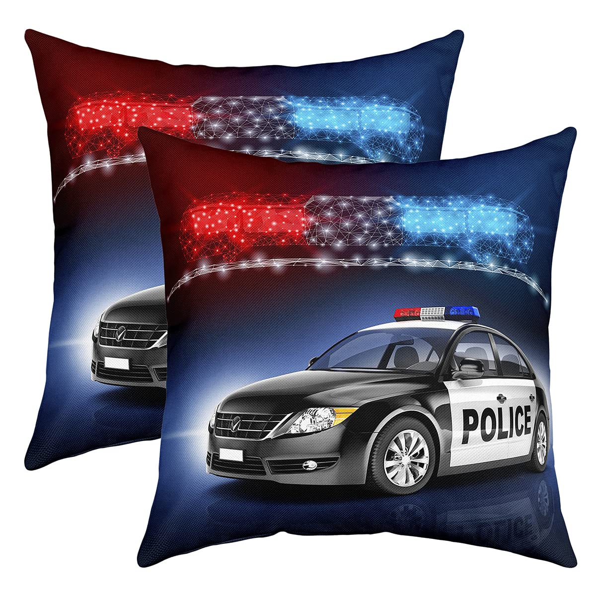 Boys Police Car Cushion Covers 20x20 Set of 2, Policeman Vehicle Throw Pillow Covers For Bedroom Living Room, Red Blue Cop Lights Decorative Pillow Covers, Geometric Graphic Pillow Covers — image 1