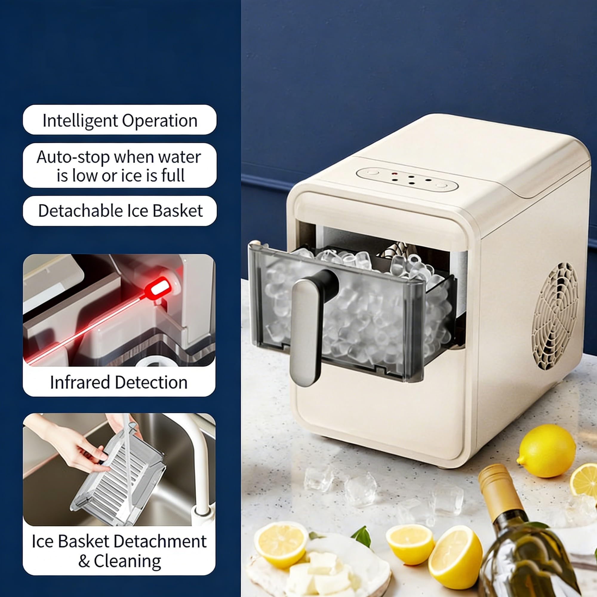 Fabbricatore Di Ghiaccio Portatile, Produttore Di Ghiaccio Da Banco, 9 Cubetti In 6 Minuti, Spessore Regolabile, Cestino A Cassetto, Sensore Infrarossi, Casa, Cucine, Uffici, Bar(A)