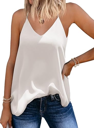 SUNAELIA Camisola de gasa con cuello en V para mujer, ajuste holgado, con tirantes delgados, camisola de verano casual sin mangas