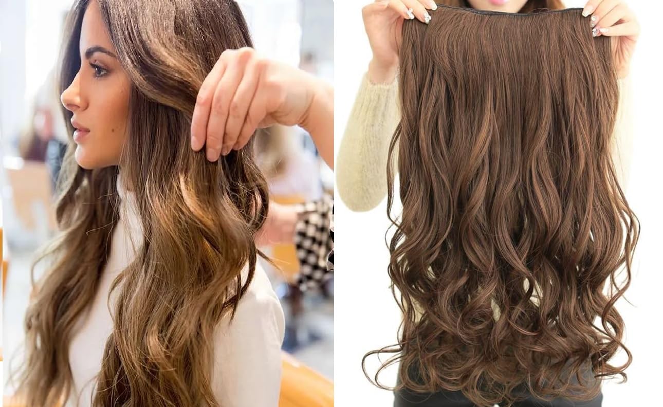 Natural Look 3 Clip "26 Inch" Curly Wavy Hair Extension Brown Colour/Blond Brown Rolling Hair Extension for Open, Ponitail Hair Style