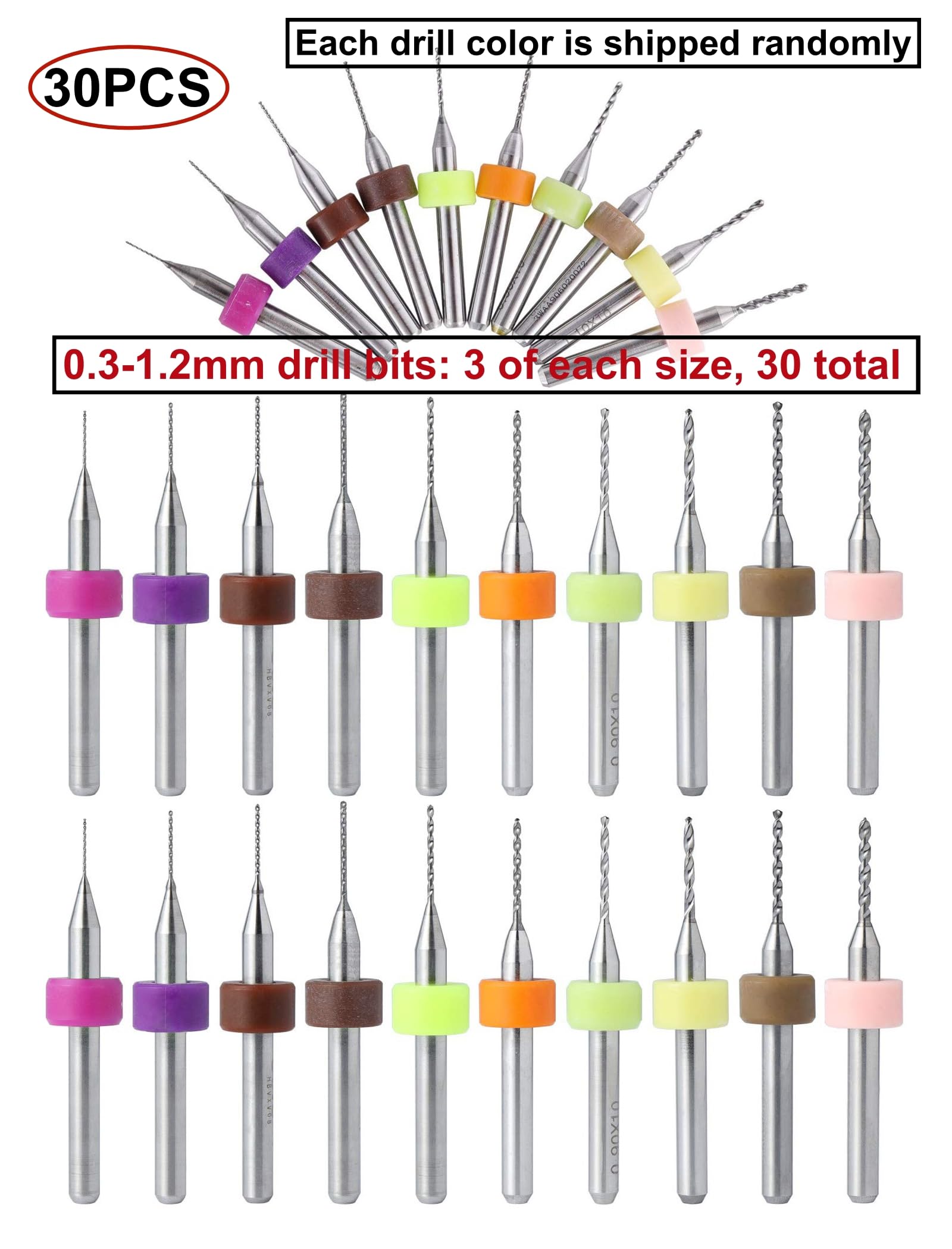 30 pezzi Punte da PCB Micro,Mini Trapano 0,3/0,4/0,5/0,6/0,7/0,8/0,9/1/1,1/1,2 mm Punta Twist Bits per Circuiti Stampati,Ambra,Cera d'api,Plastica,Gioielleria,Incisione