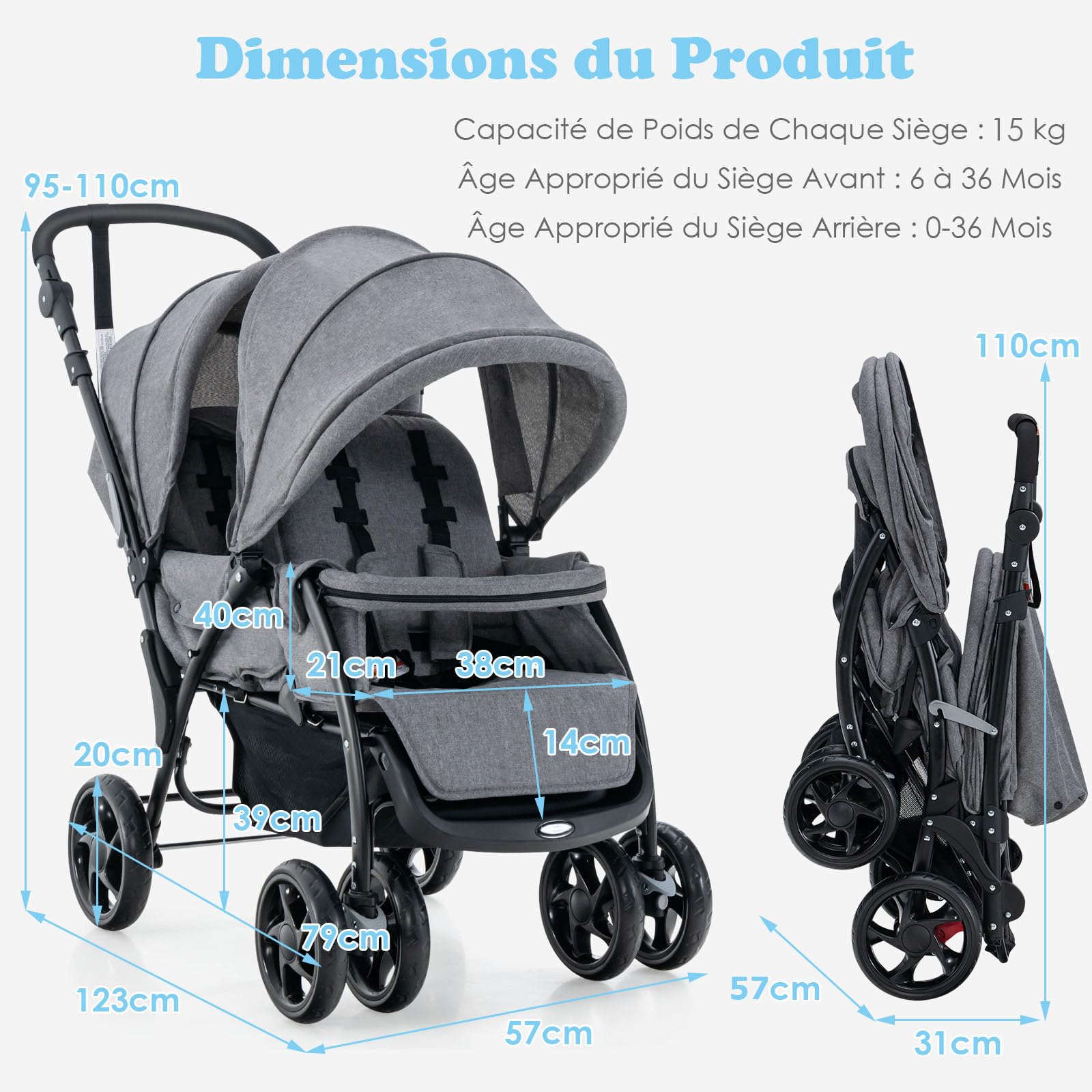 COSTWAY Poussette Tandem Double Pliable avec Auvent & Dossier Réglable, Poussette Landau Bébé avec Ceinture de Sécurité, Roues Verrouillables avec Freins, Pliable à une Main, Charge 30kg (Gris)