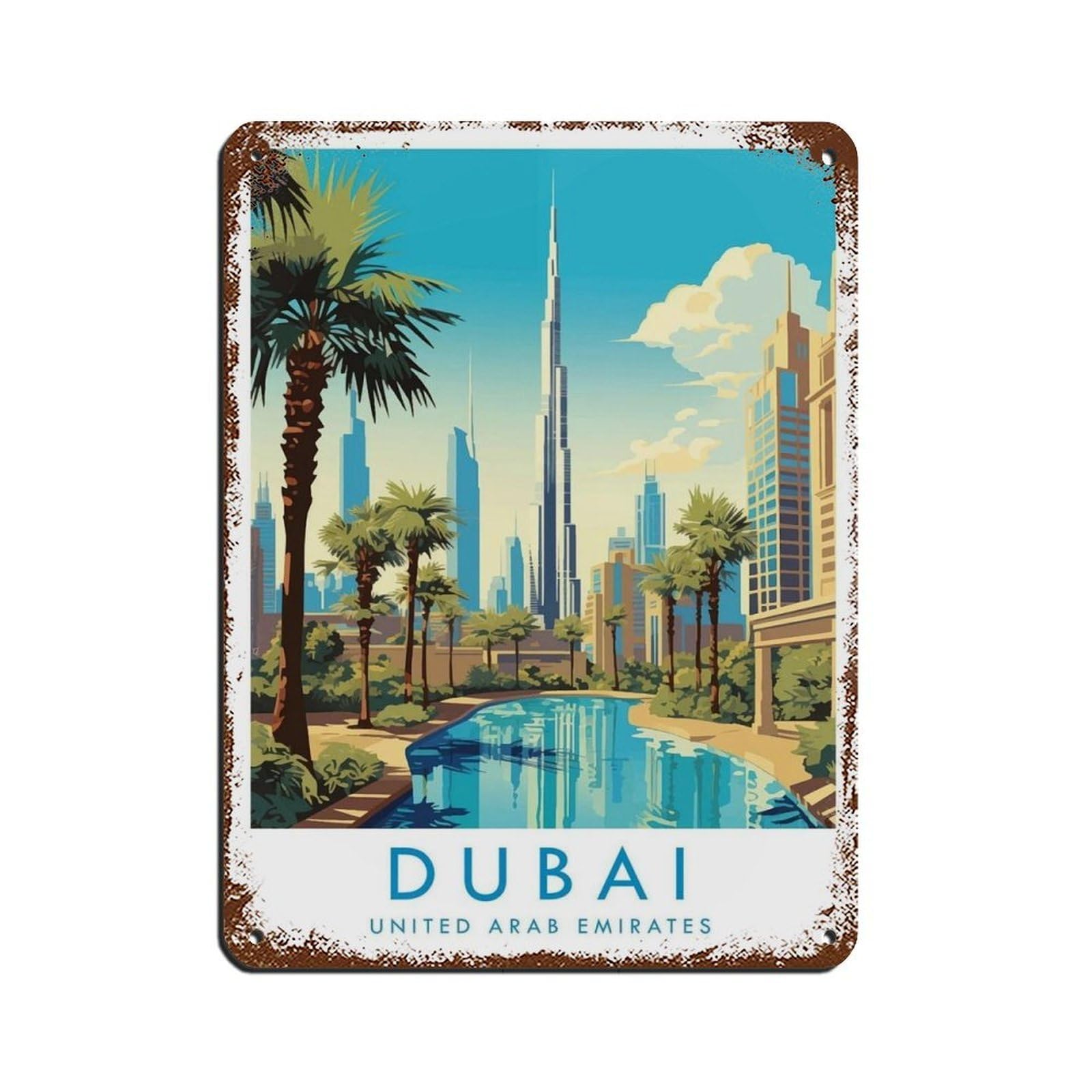 Dubai Travel Poster, United Arab Emirates Tin Sign Vintage Metal Pub Club Cafe Bar Home Wall Art Decoration Poster Retro 12x16inch(30x40cm)