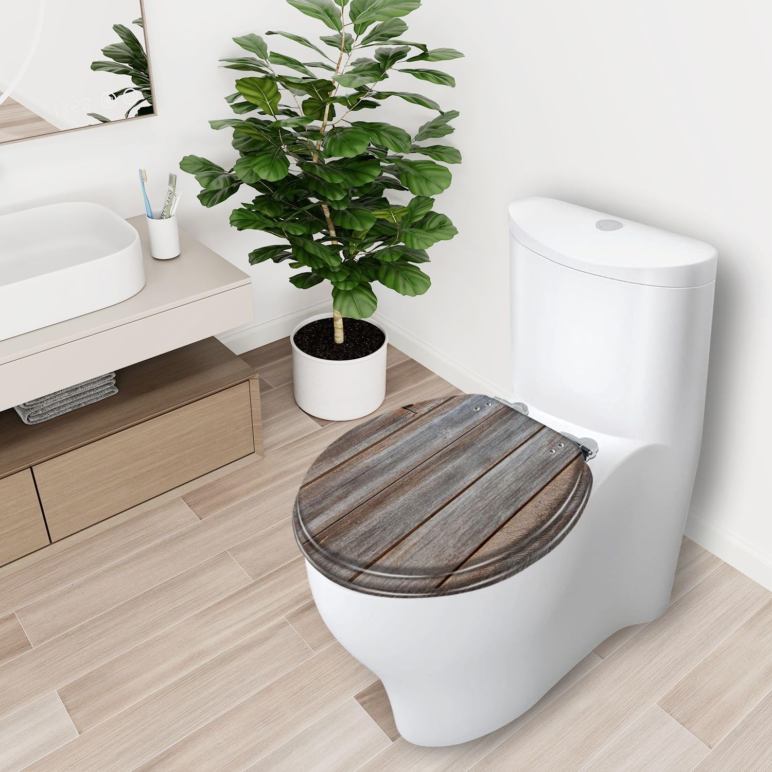 Asiento de inodoro redondo de resina con cierre suave para baño.