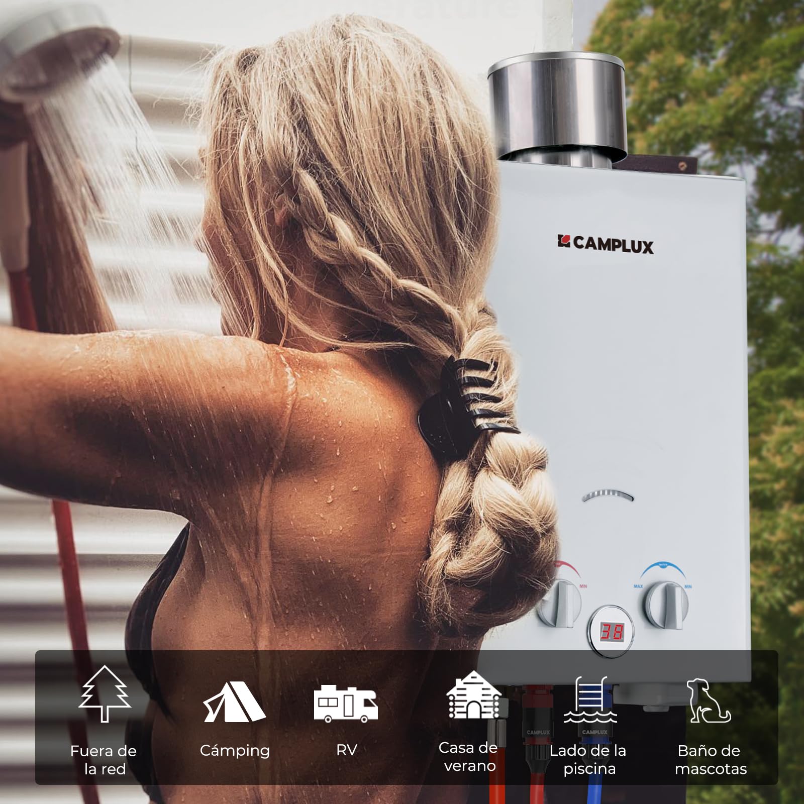 Camplux BW158C Calentador de agua instantáneo de gas con cubierta de lluvia, Tankless LPG Calentador de agua portátil 6 l, 12 kW, 50 mbar, para camping, ducha de caballos