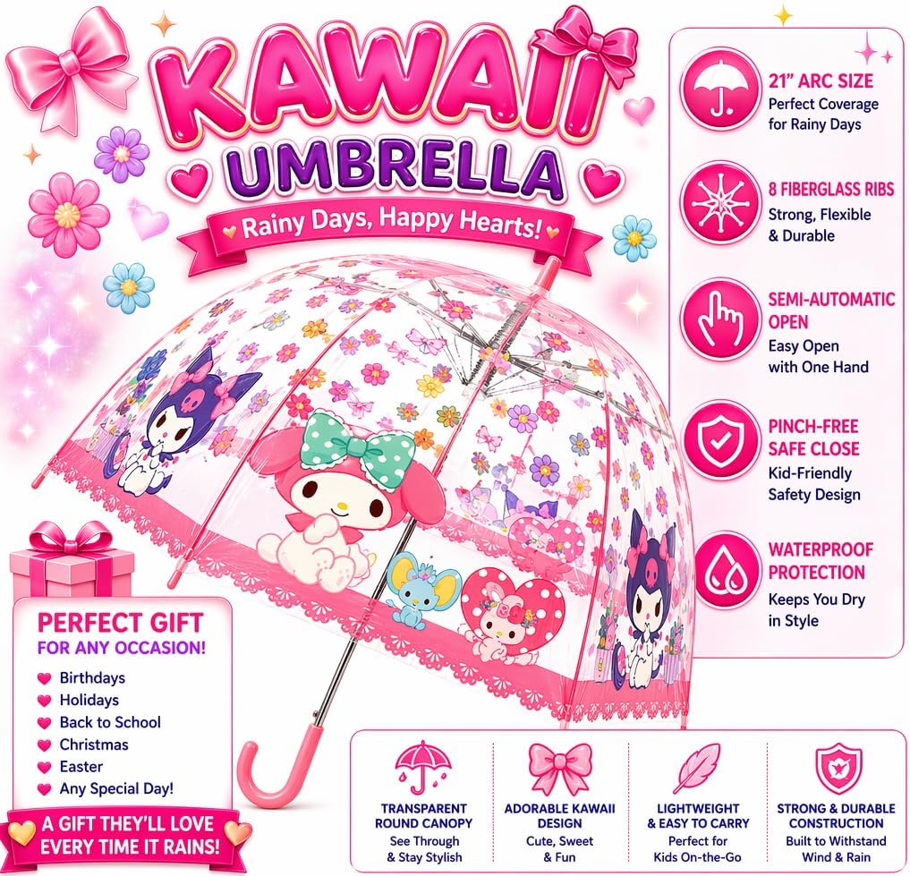 Kawaii Cute Cartoon Transparent Auto Open Stick Umbrella. Round Type Deep Tension Stylish and Very Popular. Best Gift. 8 Bones 21.6" Each is Made of Lightweight, Durable, and Break-Resistant Fiberglass.