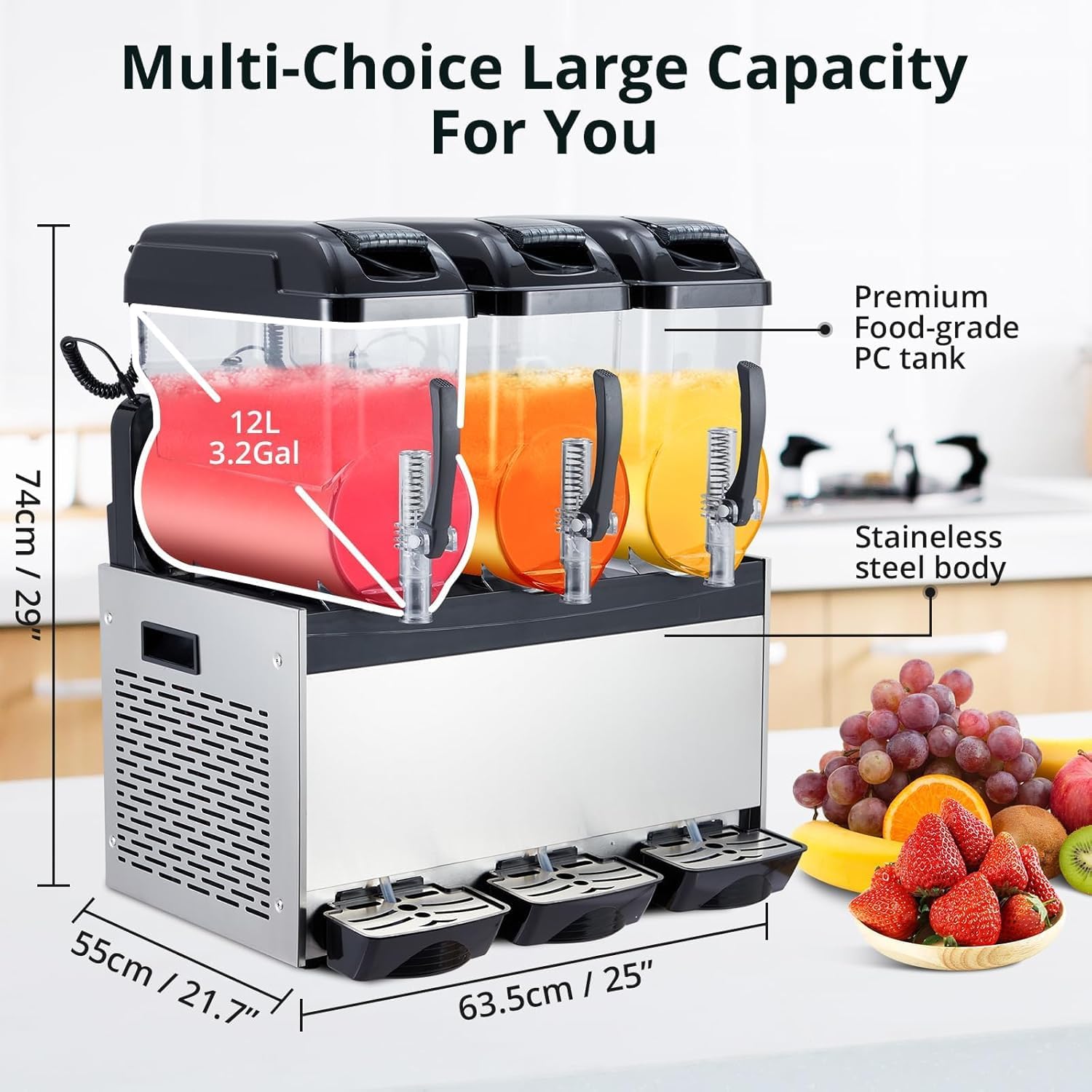 Macchina per Granite Professionale da 12 Litri - Macchina per Bevande Ghiacciate A 3 Serbatoi, 860 W, in Acciaio Inossidabile, per Margarita E Smoothie, Ideale per Bar, Ristoranti E Feste.