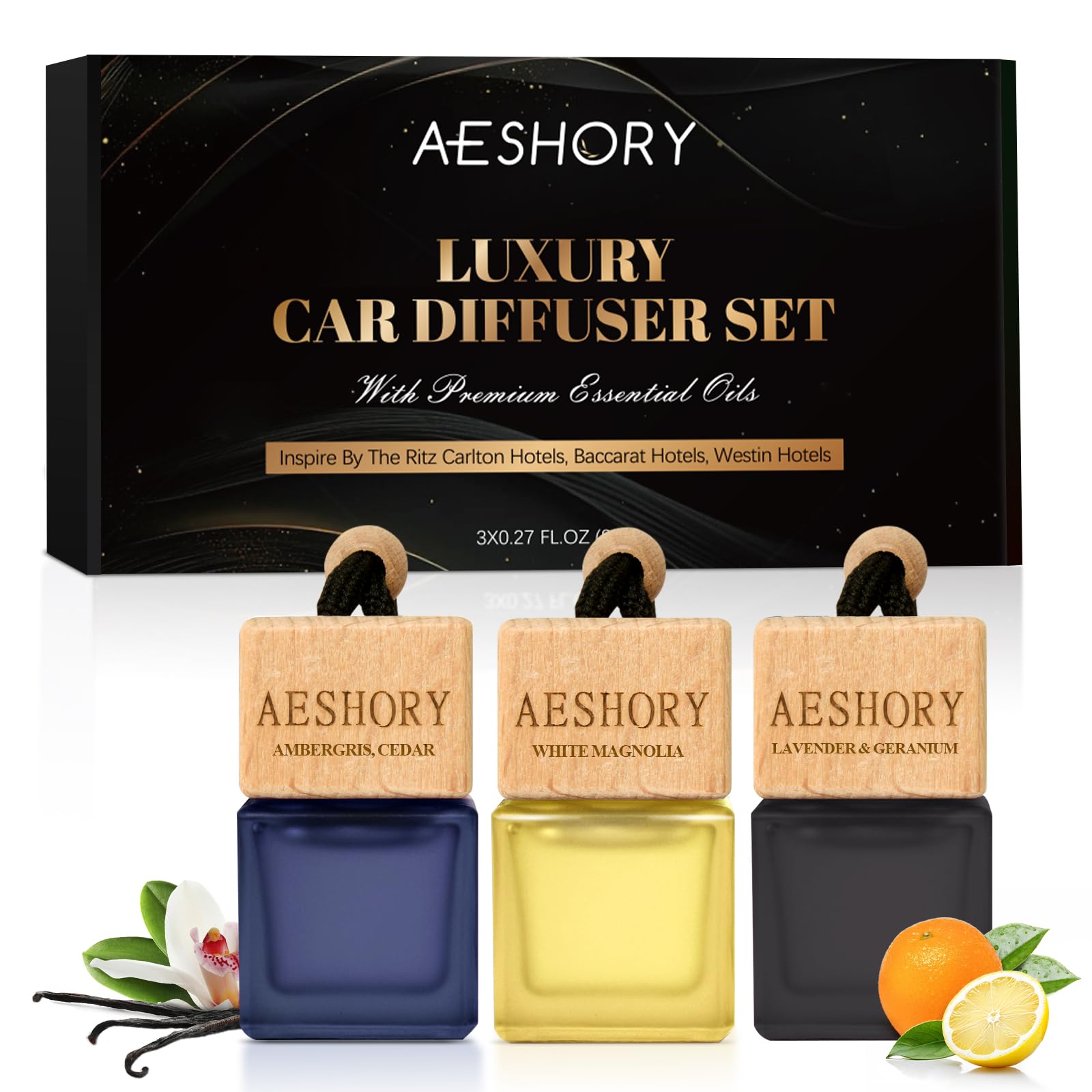 AESHORY Ambientador Coche Hotel 3 X 8ml, Aceites Esenciales Naturales Colgante para Automóvil, Ambientadores Coche con Absorbe Olores de Popular para Hoteles - Hotel Ritz Carlton, Baccarat, Westin