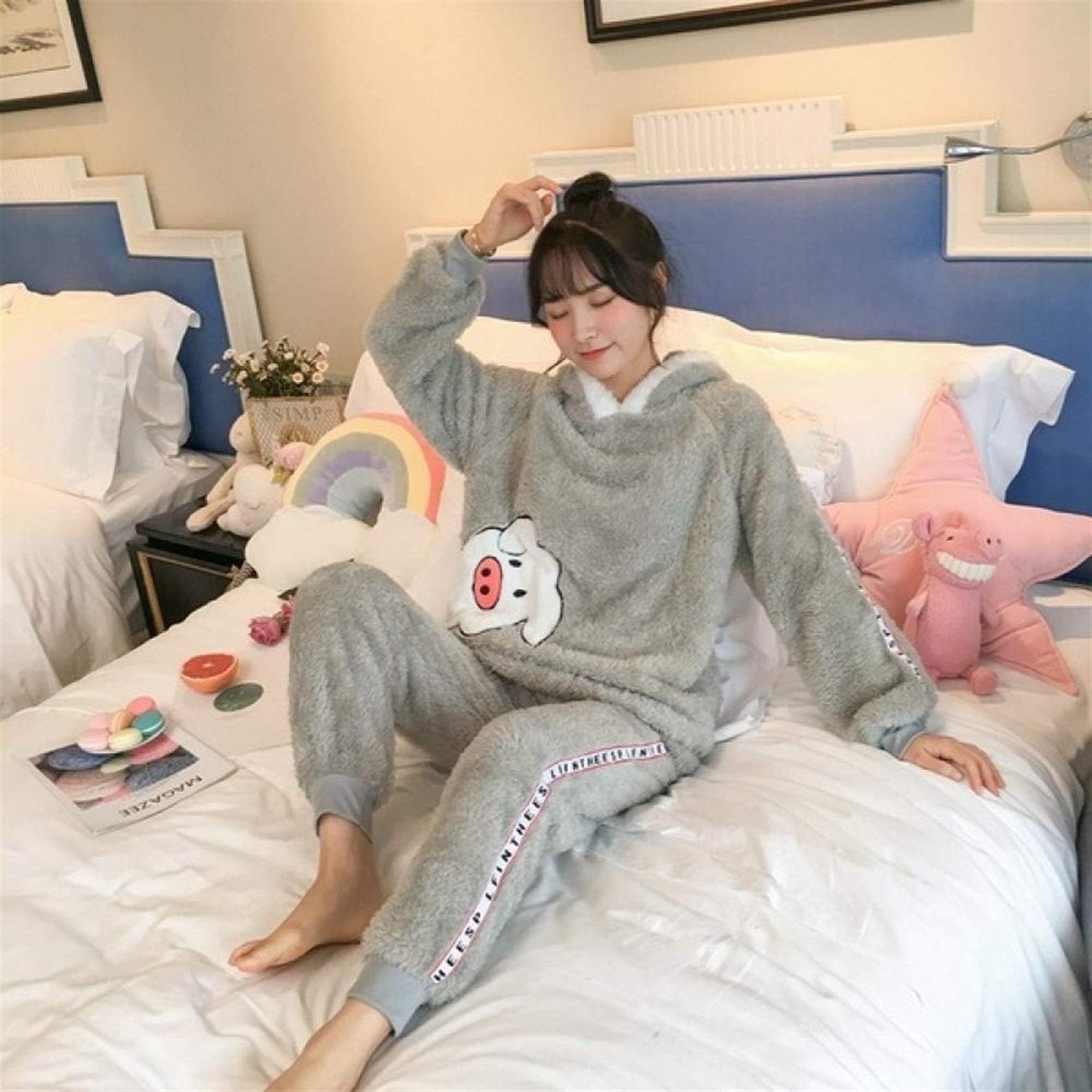 MakfacpWinter Women Pajamas Thickened Plush Warm Cute Hooded Nightwear Girls Korean Loose Plus Velvet Sleepwear Home Clothes Suit Makfacp (Color : StyleV, Size : XL)
